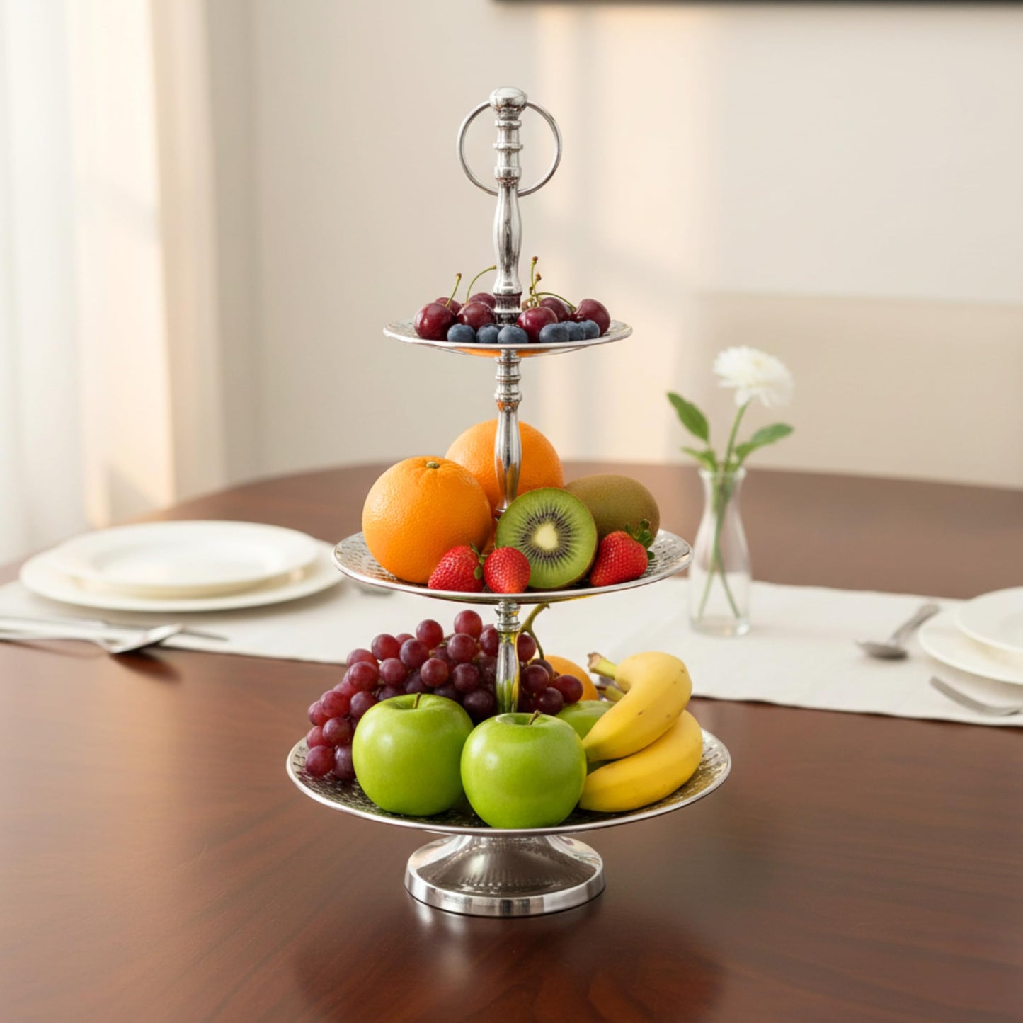 Rely+ Dessert Cupcake Stand 3-Tiered Serving Tray 20" Tall 3 Tier Fruits and Cup Cake Stand for Tea Party Birthday Holiday Gatherings Weddings Baby Showers Silver Finish Sturdy Design (Hexagonal)