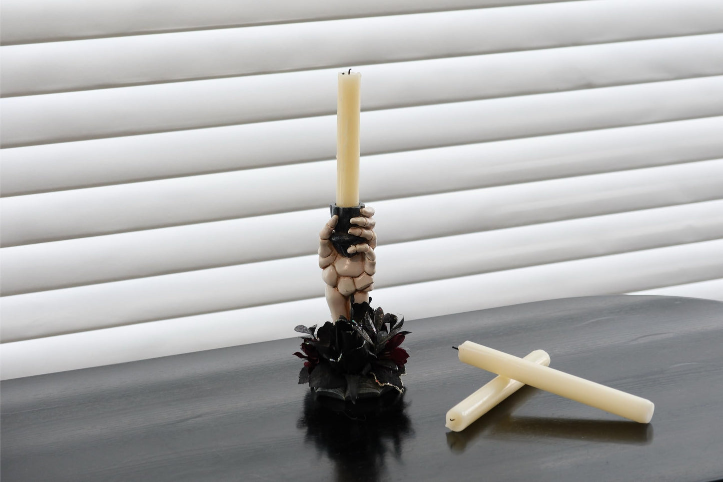 LushNook Halloween Candle Holder, Resin Skeleton Hand Candlestick with Black Faux Flower, Halloween Decor for Home Table, 7" Height