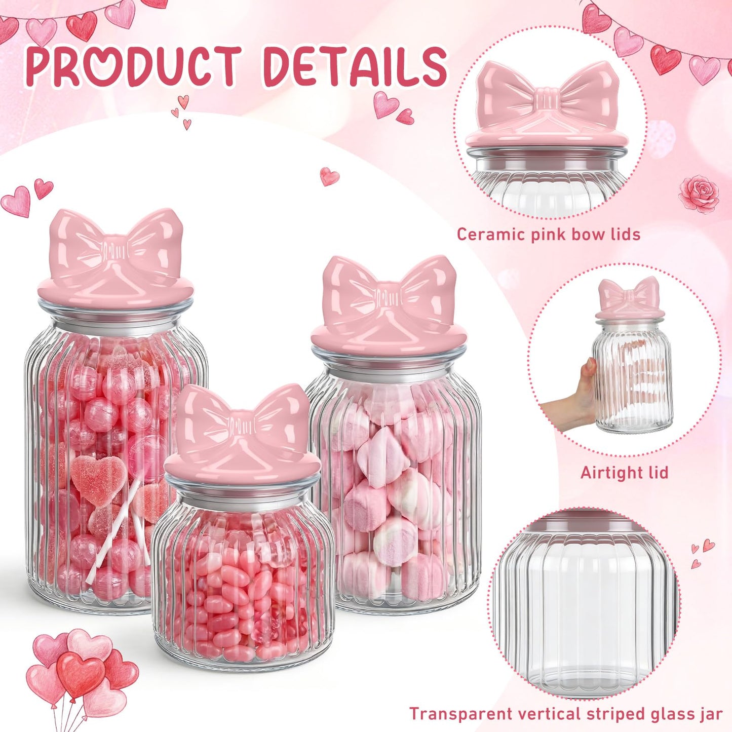 Potchen 3 Set Candy Jars Airtight Glass Cookie Jars with Ceramic Lid Cute Clear Cookie Storage Canister for Spring Summer Baby Shower Party(Bow and Stripes,Pink)