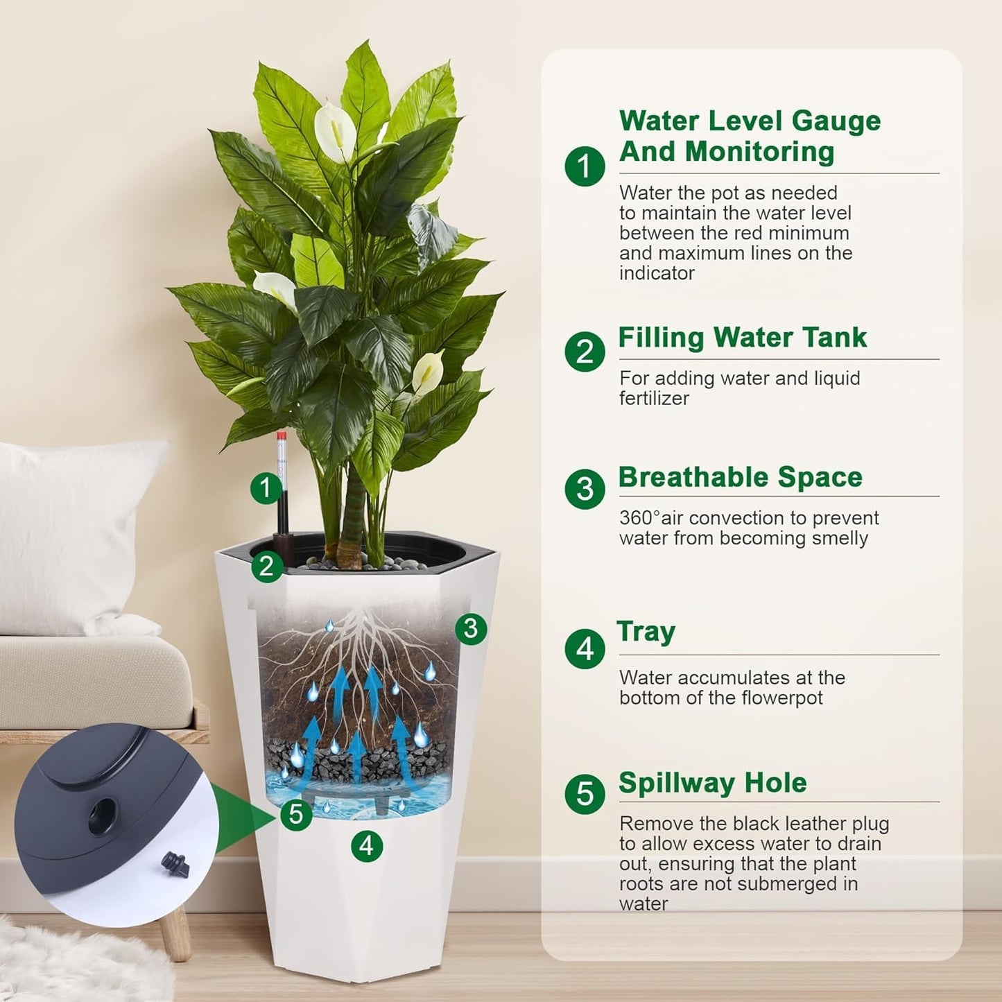 ExploreHorizon 22.4 Inch Tall Tapered Planters Set of 2, Large Indoor Outdoor Flower Pots with Wheels Water Level Monitor & Trays for Patio Balcony Lounge