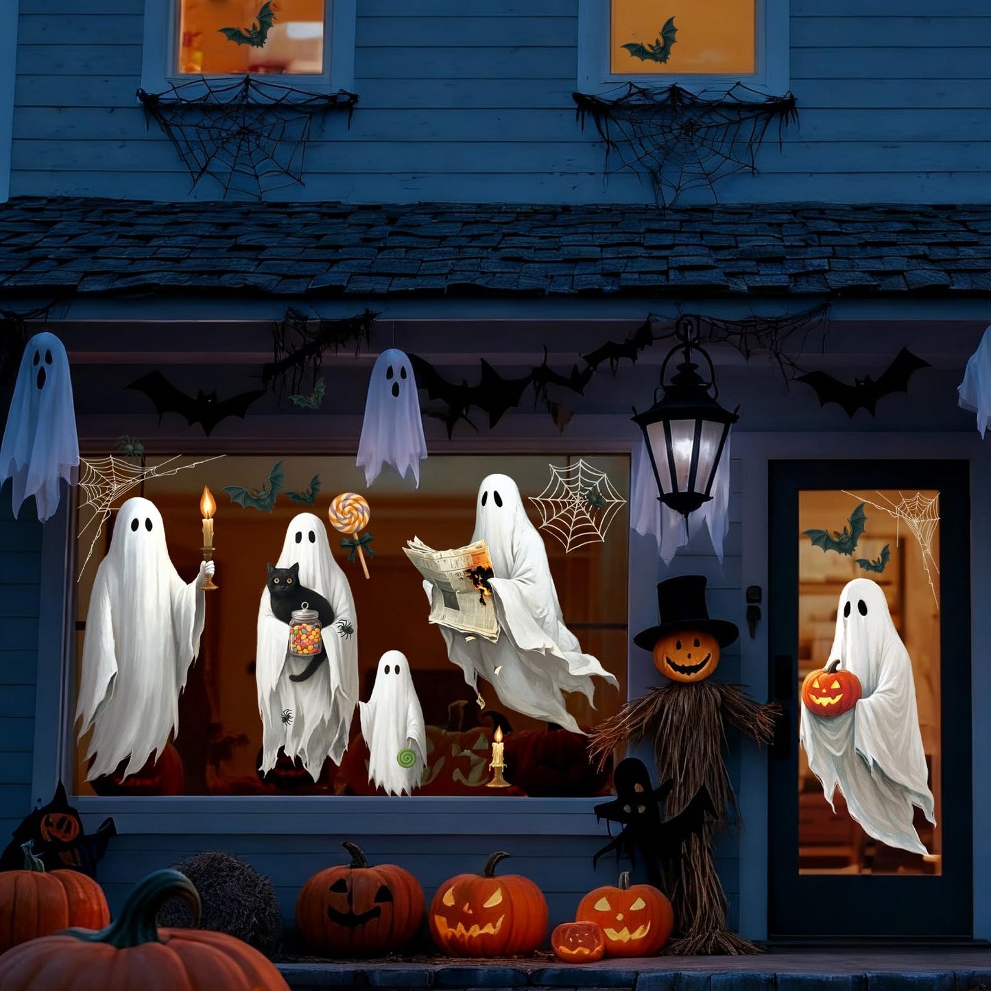 AhfuLife 4 Sheets Large Halloween Ghost Window Stickers Decorations, 16.9" x 35.4", Big Spooky Ghost Window Clings Double Side Reusable Decals for Halloween Home Bar Shop Street Party Decorations