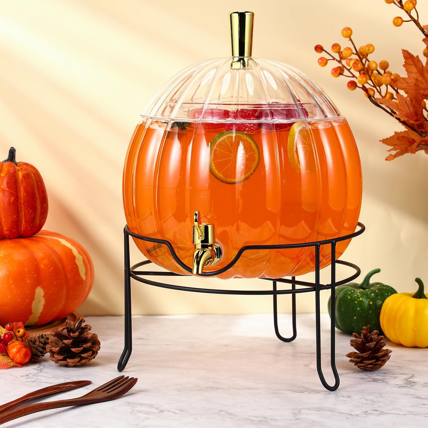 Romooa 1.3 Gallon Halloween Plastic Drink Dispenser with Metal Stand Spigot Pumpkin Shaped Drink Dispenser Beverage Flask with Spigot for Fall Harvest Summer Halloween Autumn Party Supplies(Clear)