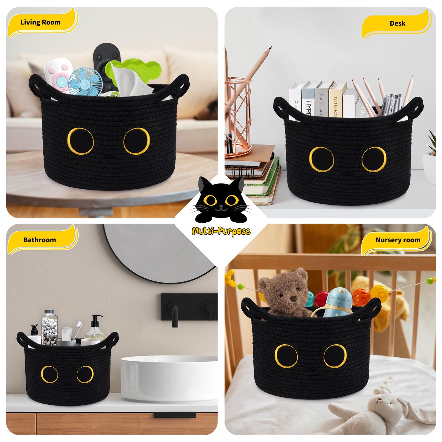 Hkojewp Cute Cat Toy Basket, Large Cotton Rope Toy Bin Box for Cats Bin, Oval Baby 0rganize Blanket Shower Hamper with Handles, Decorative Storage Cat Bin, Halloween Decor,13"D x 8"H in