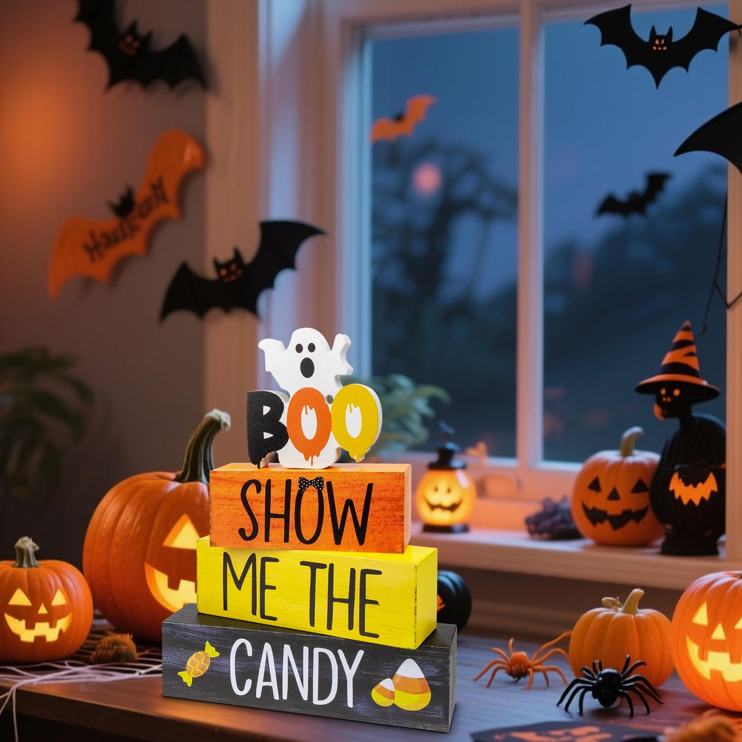 4 Pcs Halloween Wooden Tiered Tray Decor, Show Me the Candy Decorations Gifts for Home, Halloween Table Centerpiece for Fall Party Kitchen
