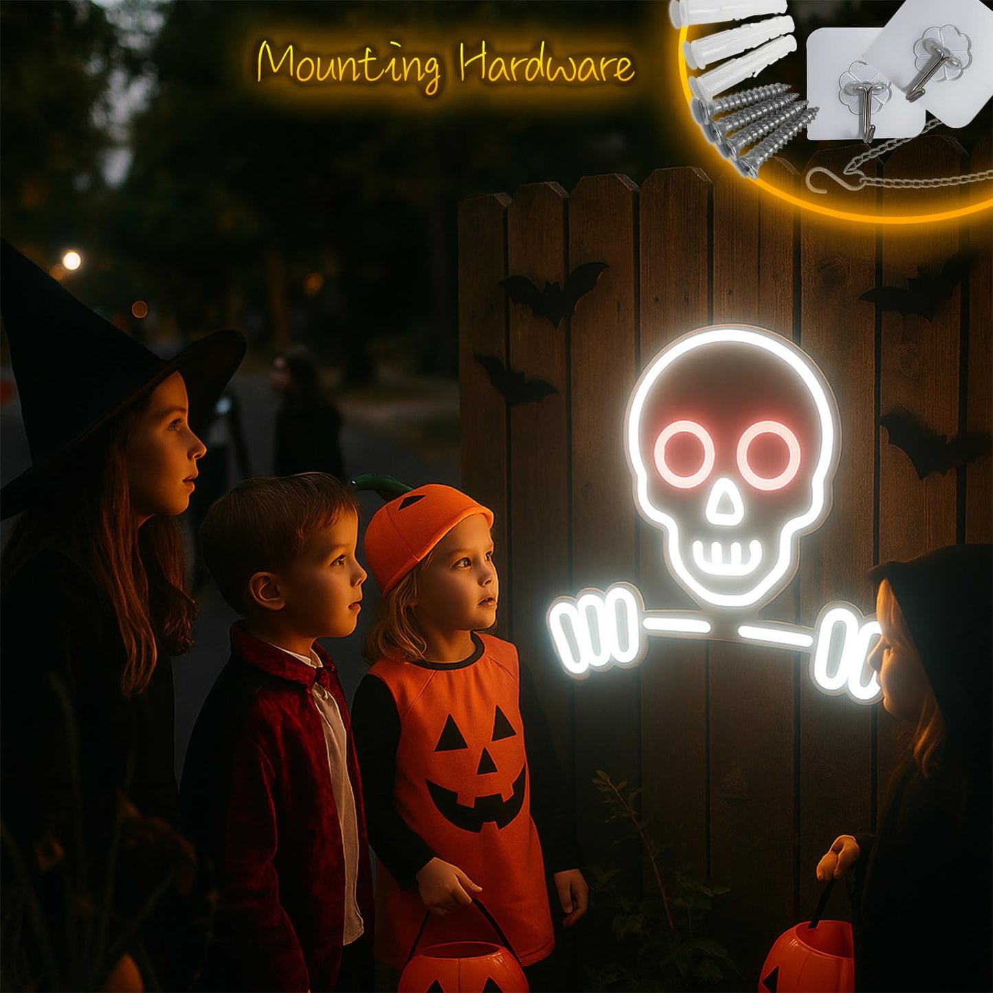 Skull & Skeleton Neon Sign, 16’’×12.6’’ Dimmable LED Wall Light, USB Powered Gothic Room Decor for Bedroom, Party, Bar, Game Room Halloween Christmas Gifts