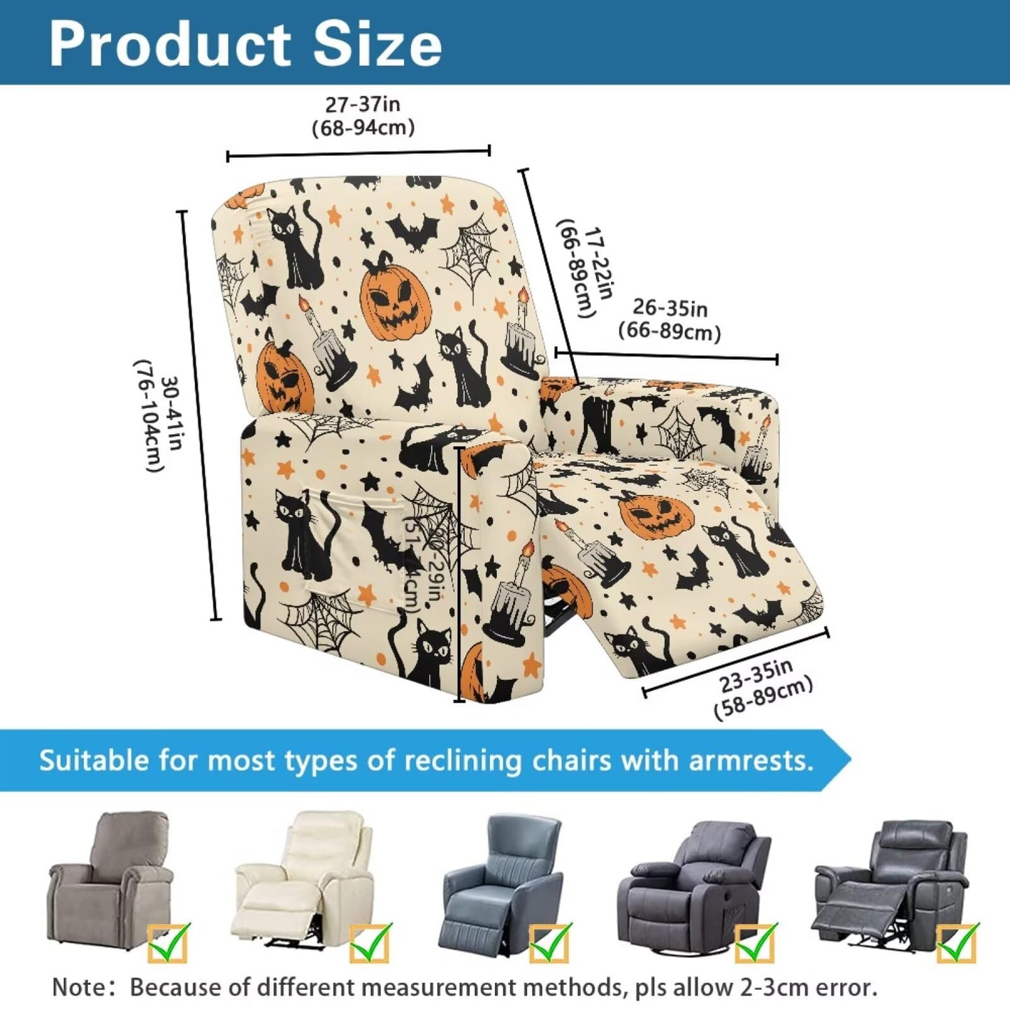 ASQVTIFE Pumpkin Recliner Covers That Stay in Place for Living Room Halloween Black Cat Electric Recliner Chair Covers Halloween Chair Cover for Recliner Halloween Decorations for Home Easy to Clean