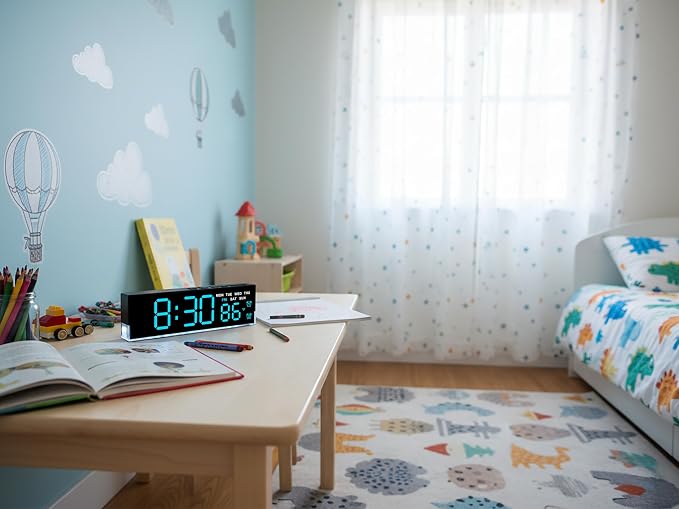 zyzamay 7 Inch Modern LED Digital Alarm Clock with Dual Alarms & Soft Bottom Light|Displays Time, Date, Day, Temperature|3-Level Auto/Manual Brightness, DST, USB or Battery Powered Desk Clock,Blue