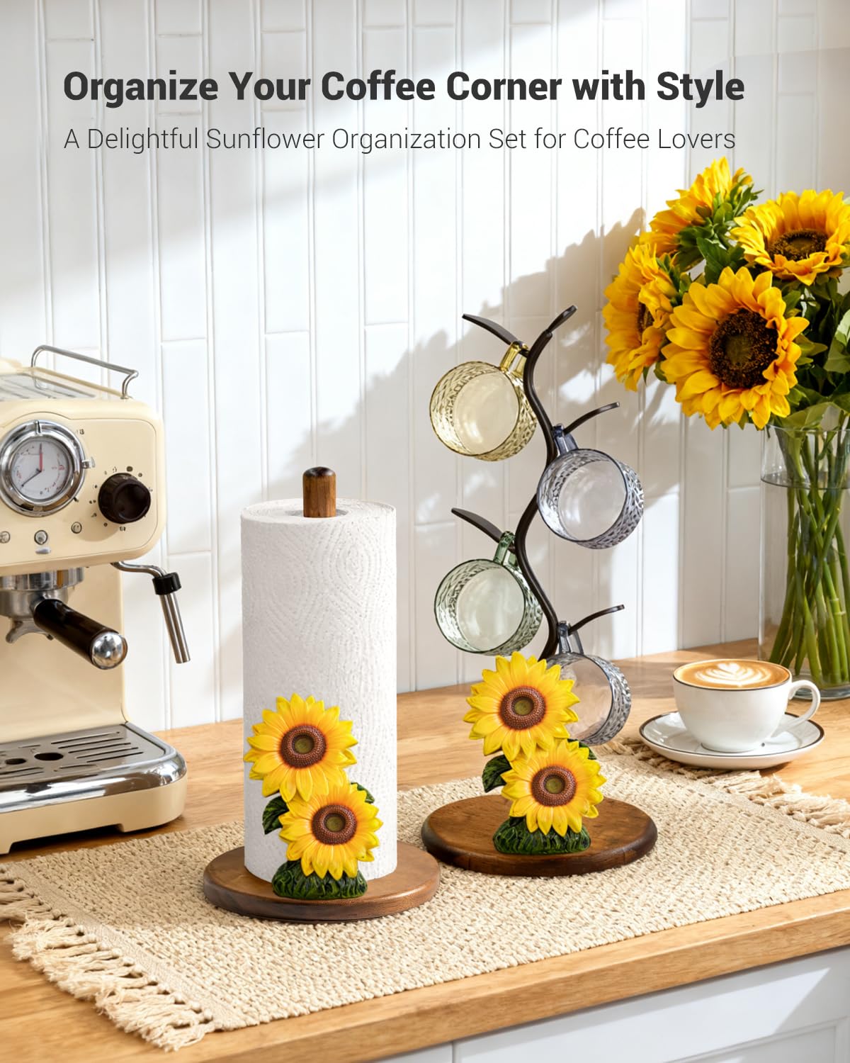 GAJ Sunflower Mug Tree Coffee Cup Holder, Countertop 3D Yellow Flower Coffee Bar Decor, Wooden Base Mug Stand Holds 4 Cups, Farmhouse Kitchen Organizer, Gifts for Women Mom Grandma