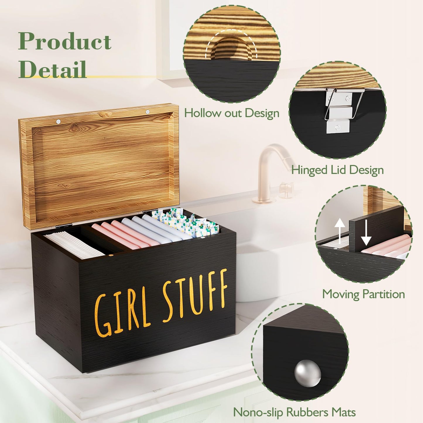 Nyellevario Tampon Holder for Bathroom with Hinged Lid, Feminine Product Organizer, Tampon Storage, Bathroom Period Products, Toilet Organizer, Bathroom Accessories Box for Girl Stuff (Black)