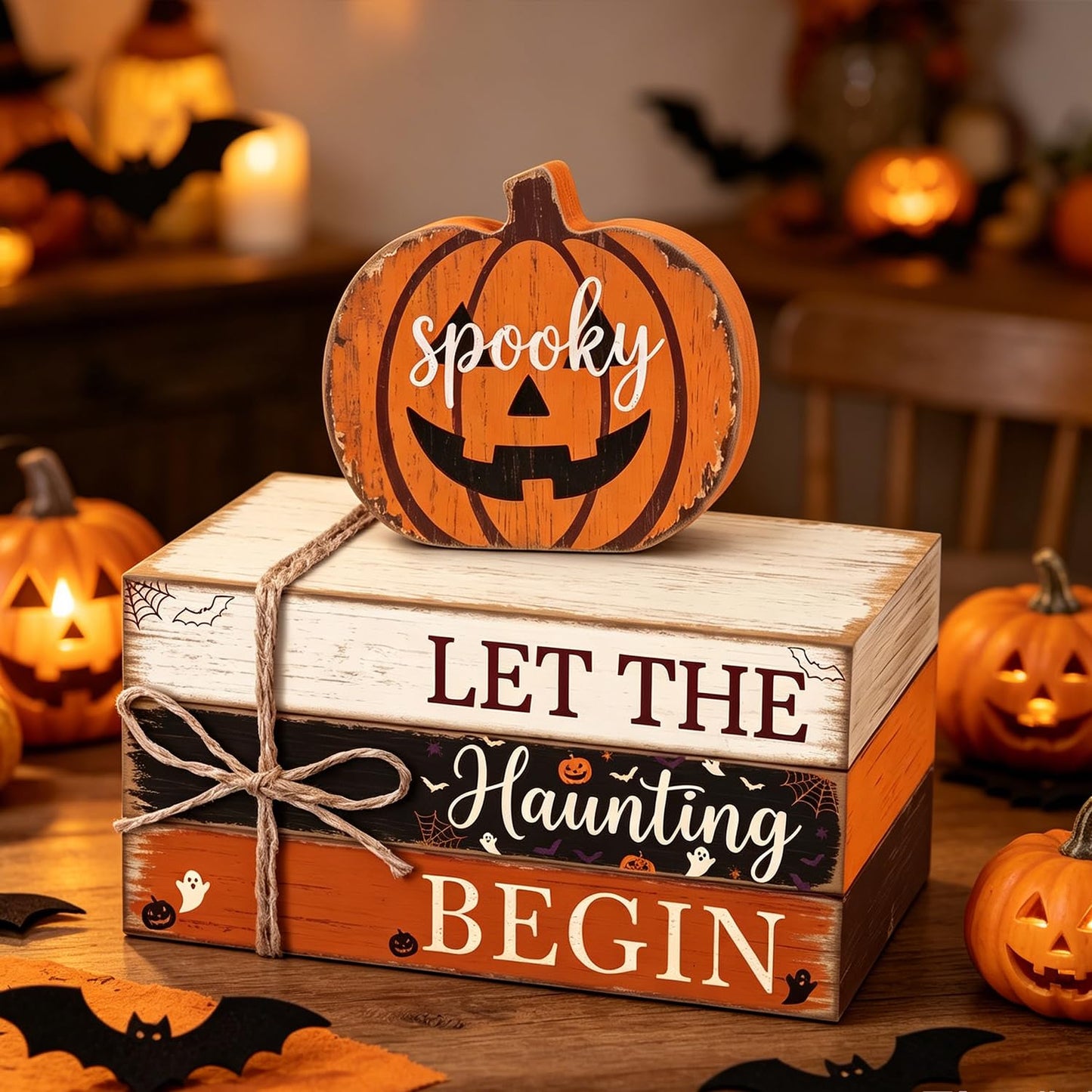 4 Pcs Halloween Tiered Tray Decor Farmhouse Wooden Book Stack with Gnome Spooky Halloween Tabletop Signs Fall Rustic Tiered Tray Decorations for Home Office Shelf Coffee Bar