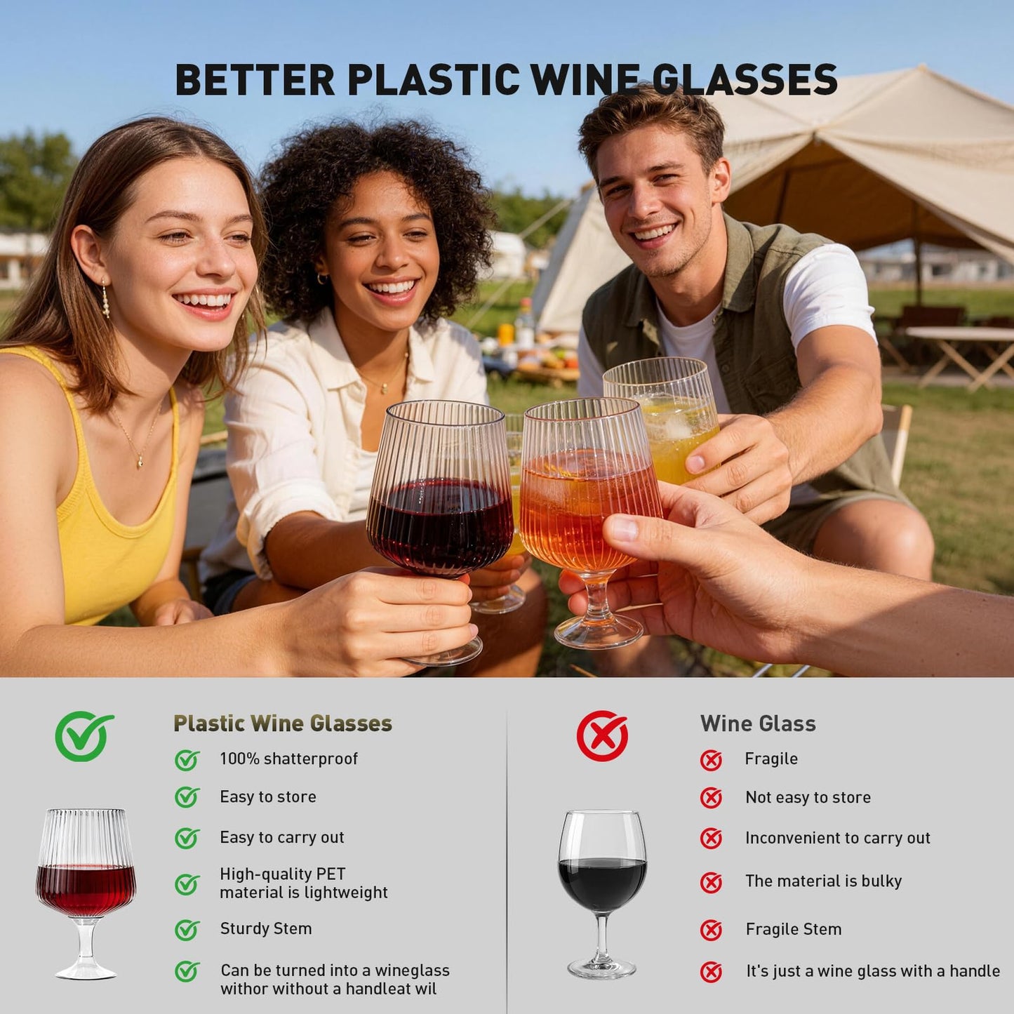 VinoFilt Wine Plastic Glasses Disposable Cups - Detachable Shatterproof Goblets Glass Drinking Reusable Bulk - Party Wedding Outdoor (12oz 30 Pack)