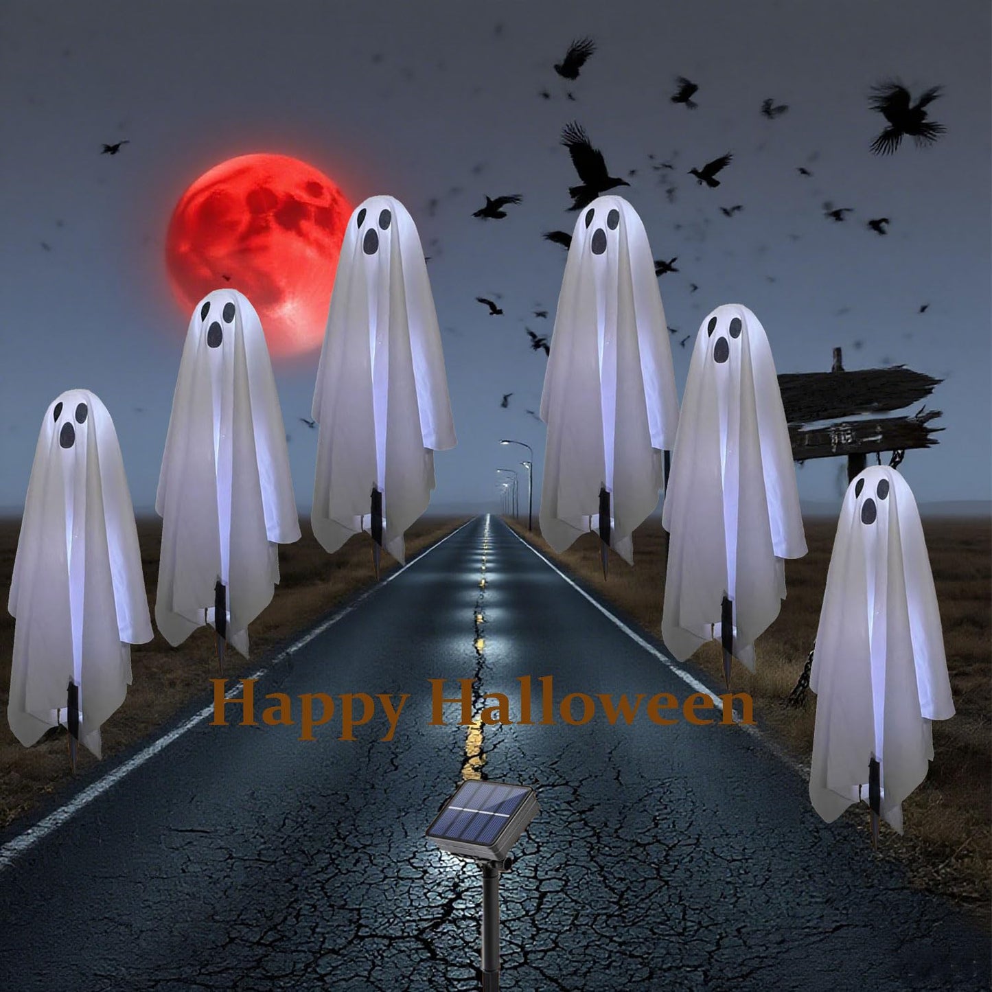 6 in 1 Halloween Decorations Outdoor, Solar Ghost Pathway Lights, Waterproof, LED Light Up Spooky Ghost Decor for Front Door Porch Garden Yard Lawn Patio Halloween Party