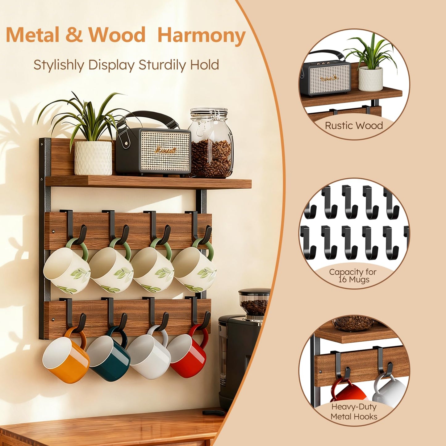 Dhmkfly 2-in-1 Coffee Cup Holder Wall Mounted, 4-Tier Coffee Mug Holder Wall Mount with 16 Adjustable Hooks and Display Shelf, Wooden Mug Rack Hanger Organizer for Home Kitchen Display and Collection