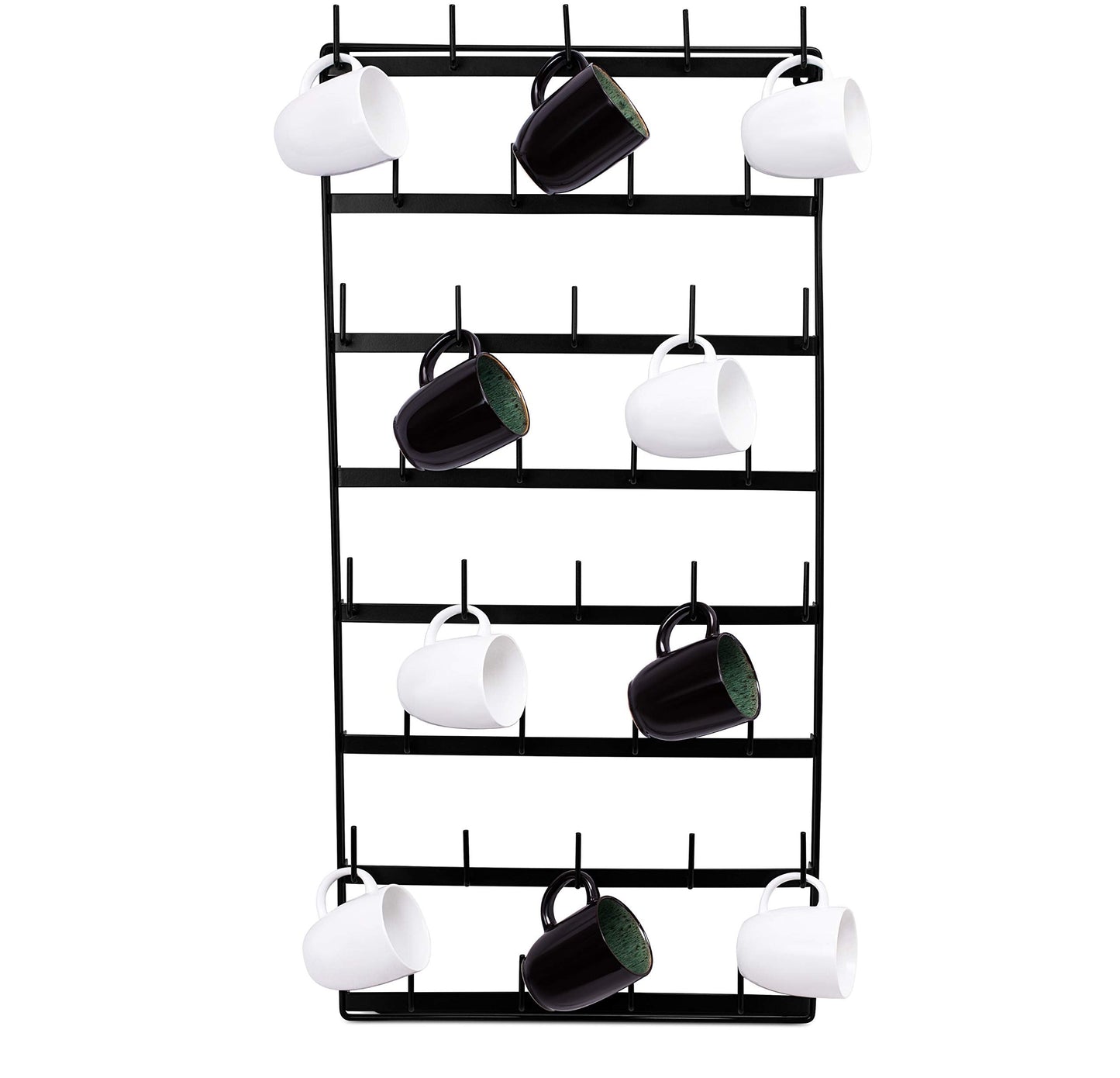 BIRDROCK HOME 36 Peg Coffee Mug Organizer Wall - 8 Tier Wall Mounted Coffee Mug Holder - Tea Cup Display Shelf Wall Mounted - Heavy Duty Decorative Kitchen Bar Organizer Flat Metal Steel Rack - Black