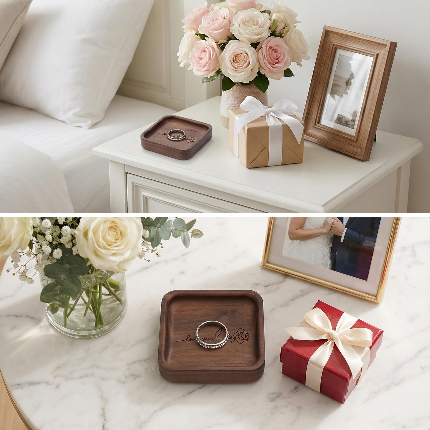 SOITIS Walnut Wooden Ring Tray Wedding Ring Dish Engagement Jewelry Dish for Couples Gift for Anniversary Christmas Birthday-Square