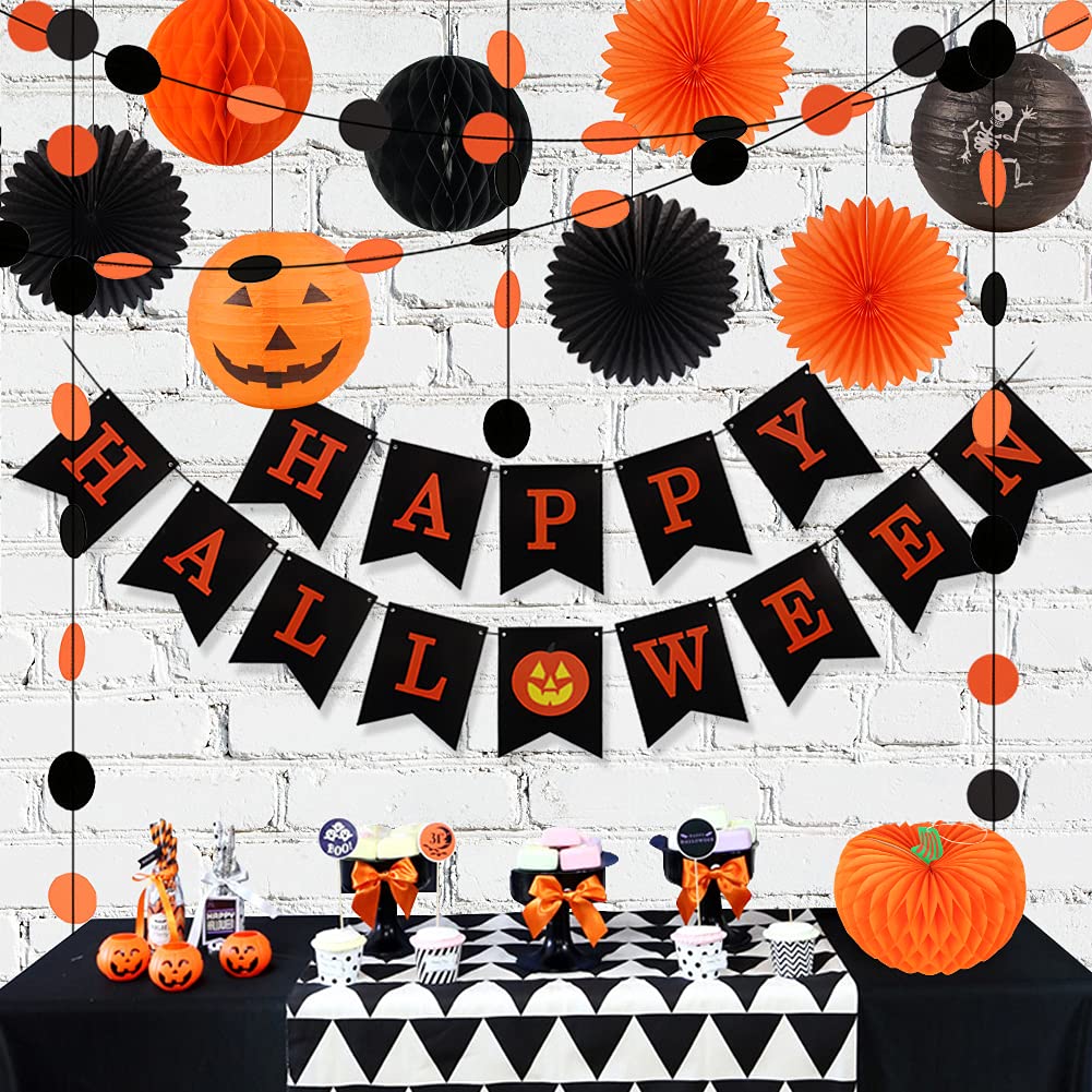 Halloween Party Decorations, Happy Halloween Banner Hanging Skeleton Jack-O'-Lantern Pumpkin Honeycomb for Birthday Party Home Decor Party Supplies Props (Orange, Black)