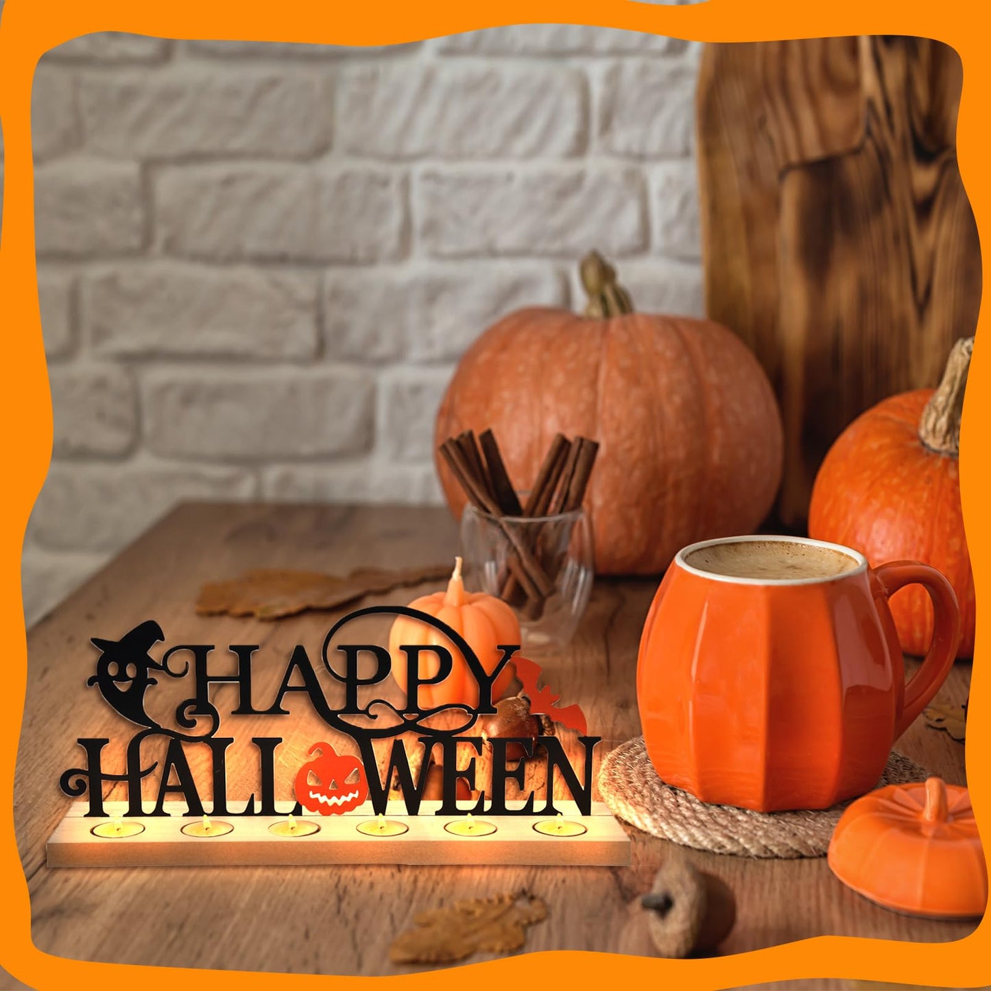 Metal Happy Halloween Sign, Tiered Tray Decor with 18pcs Tealights, Black Halloween Decorations Tea Lights Holders for Home, Office, Shelf, Mantel, Indoor, Table, Spooky Jack-o-lantern Ghost Bat Decor