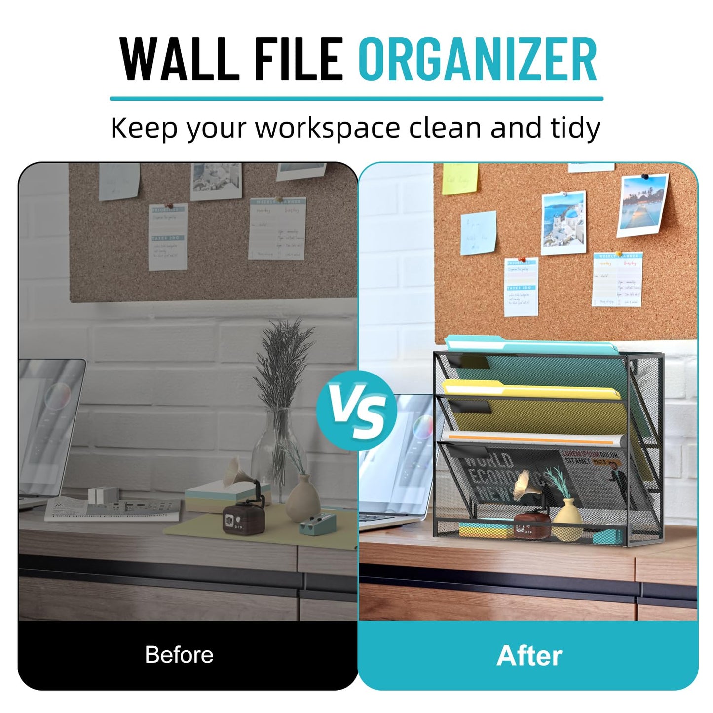 SUPEASY Wall File Organizer Mesh Office Mail Holder, Hanging Wall Organizer Magazine Rack for Office Black, 4 Tier