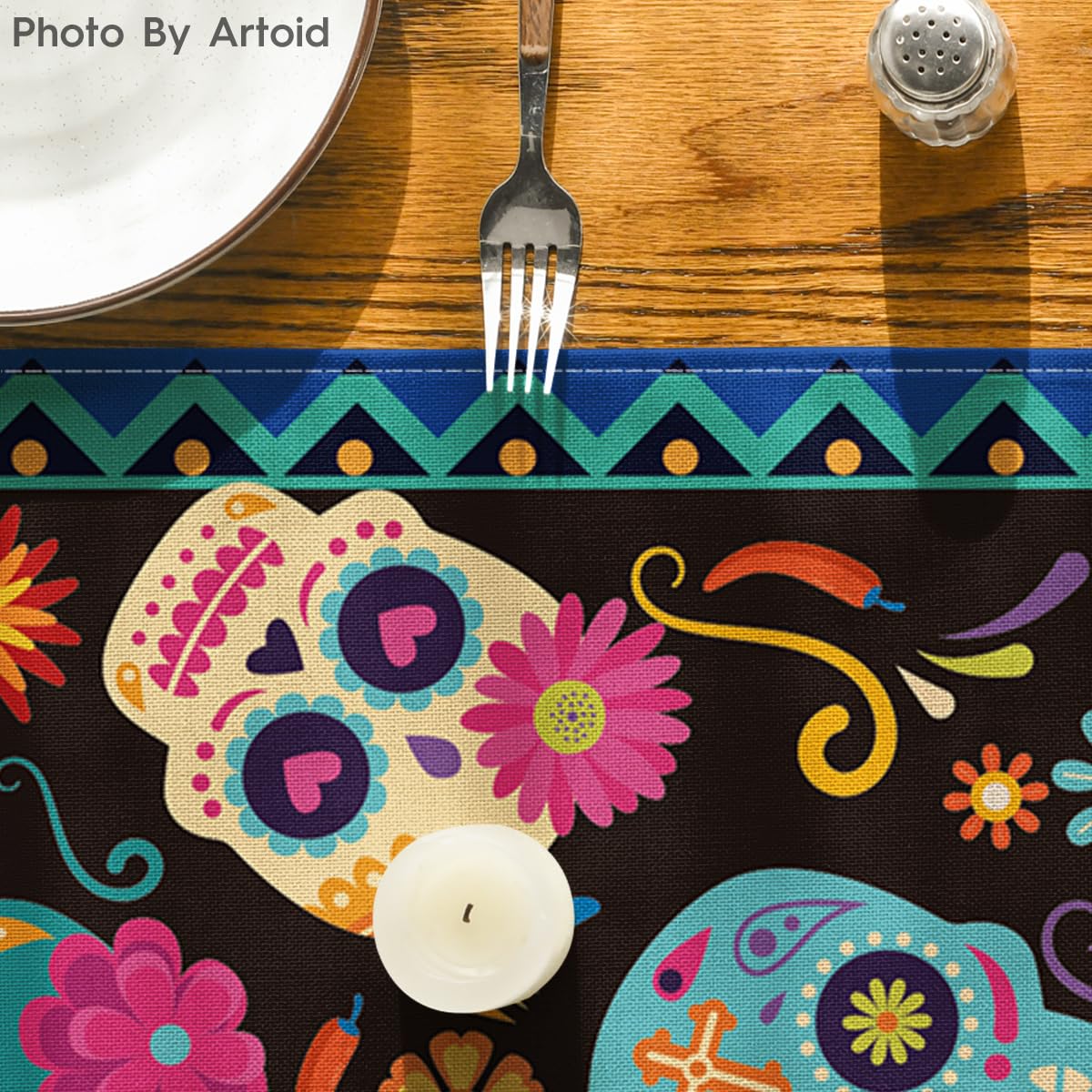 Artoid Mode Suger Skulls Floral Day of The Dead Table Runner, Halloween Seasonal Kitchen Dining Table Decoration for Home Party Decor 13x108 Inch