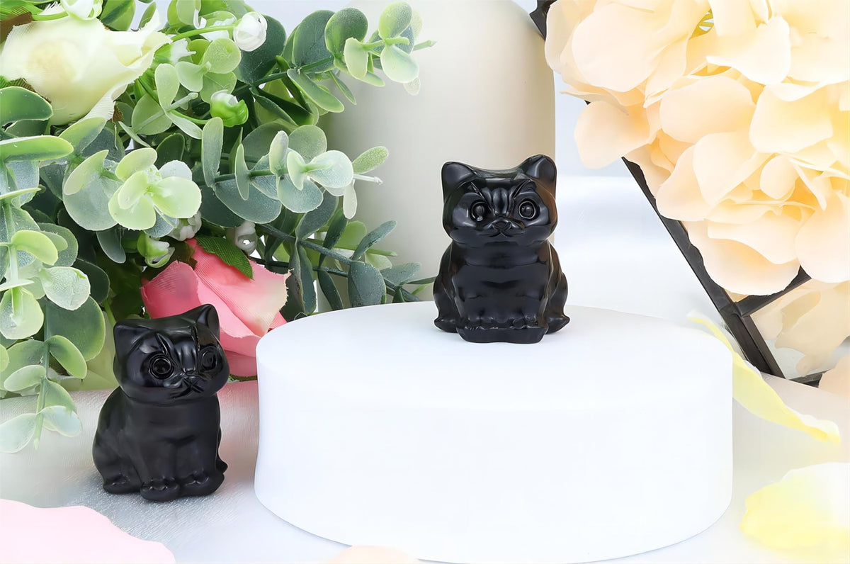 QINJIEJIE Black Obsidian Cat Decor Statue Carved Stone Figurine Healing Crystals Gift Natural Gemstone Home Sculpture Office Room Desk Decoration Sitting Black Cat Gifts for Men Stocking Stuffers