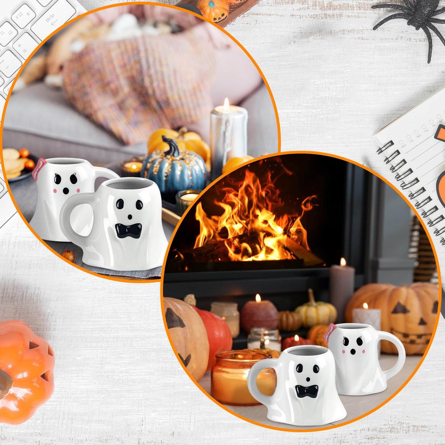 Baderke 2 Pcs 12 oz Halloween Ghost Mugs Spooky Mr and Mrs Coffee Cups Boo Ceramic Gifts for Couple Him Her Bachelorette Wedding Party Favors