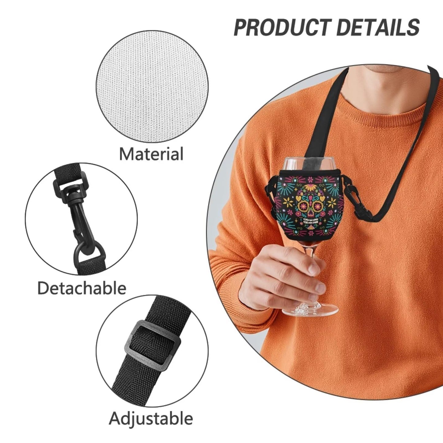WHOSGNIHT Skull Flower Print Wine Glass Sleeve Large Neoprene Stemless Wine Glass Insulator Lanyard Hand Free Drink Holder with Neck Strap for Cocktail Festival