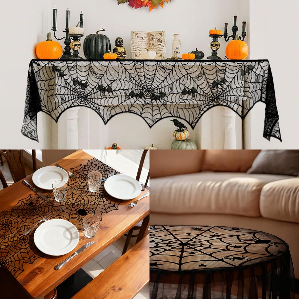 QINYIER 3Pcs Halloween Lace Tablecloths, Black Spiderweb Table Cloths (Rectangle and Round), Fabric Cover for Fireplace, Side Table, Lampshade, Halloween Party Decor