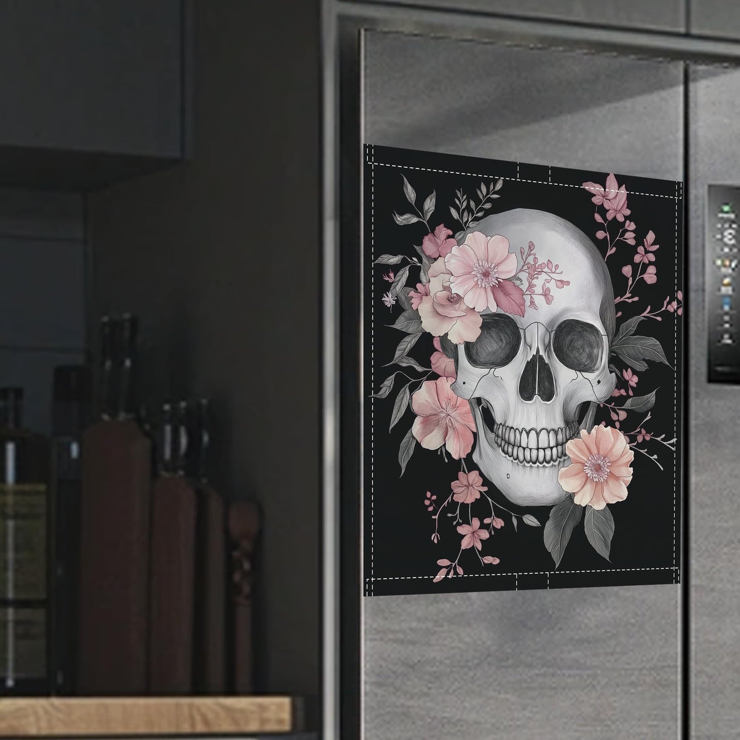 Skull Dishwasher Magnets Decorative Cover,Flowers Magnet Fridge Panel Decal for Home Kitchen Decor,23x26 in
