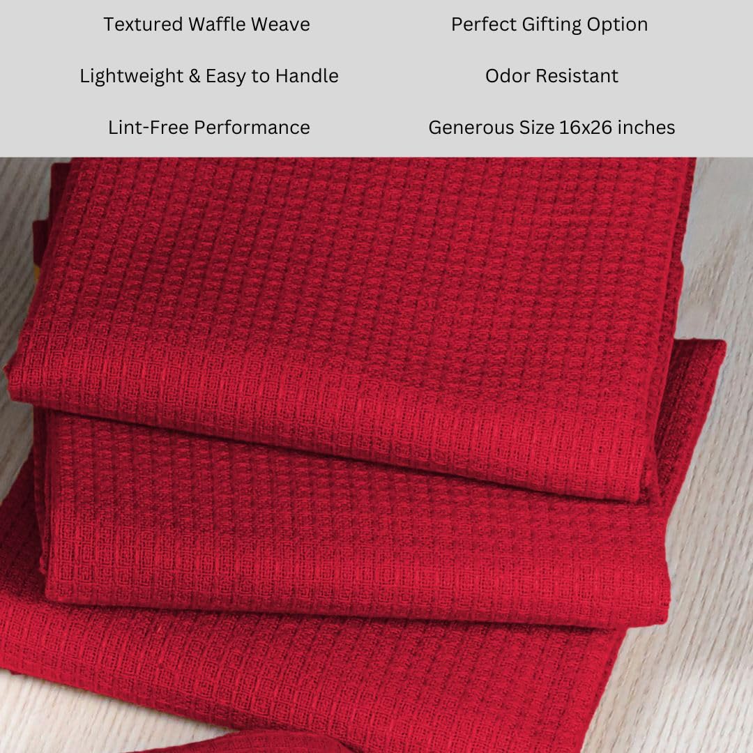 Threadvista 100% Cotton Waffle Kitchen Towels Set of 6 - Soft Highly Absorbent Durable Reusable - Perfect for Drying Cleaning Everyday Kitchen Use - Quick Drying Premium Dish Towels 16x26 Inch Red