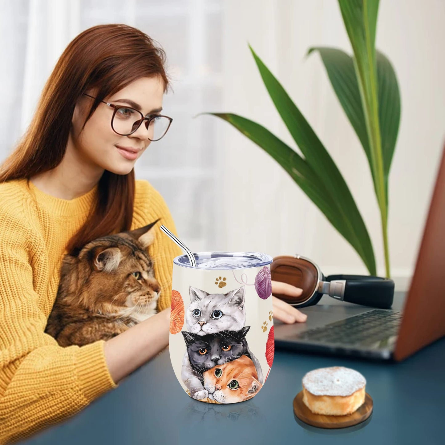 NymphFable 12oz Cat Cup Wine Tumbler With Straw and Lid Stainless Steel Travel Mug Insulated Double Wall