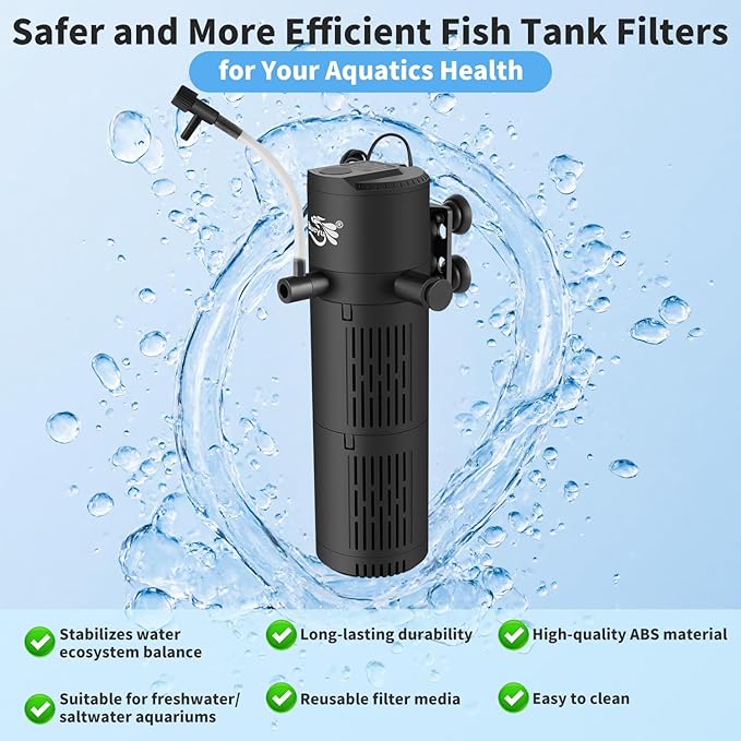 Aquarium Filter, Fish Tank Filter 4-in-1 for 30-80 Gallon Tanks, Submersible Internal Filter with Wave-Maker, Oxygenation & Adjustable Air Flow for Freshwater/Saltwater/Turtle Tanks (12W)