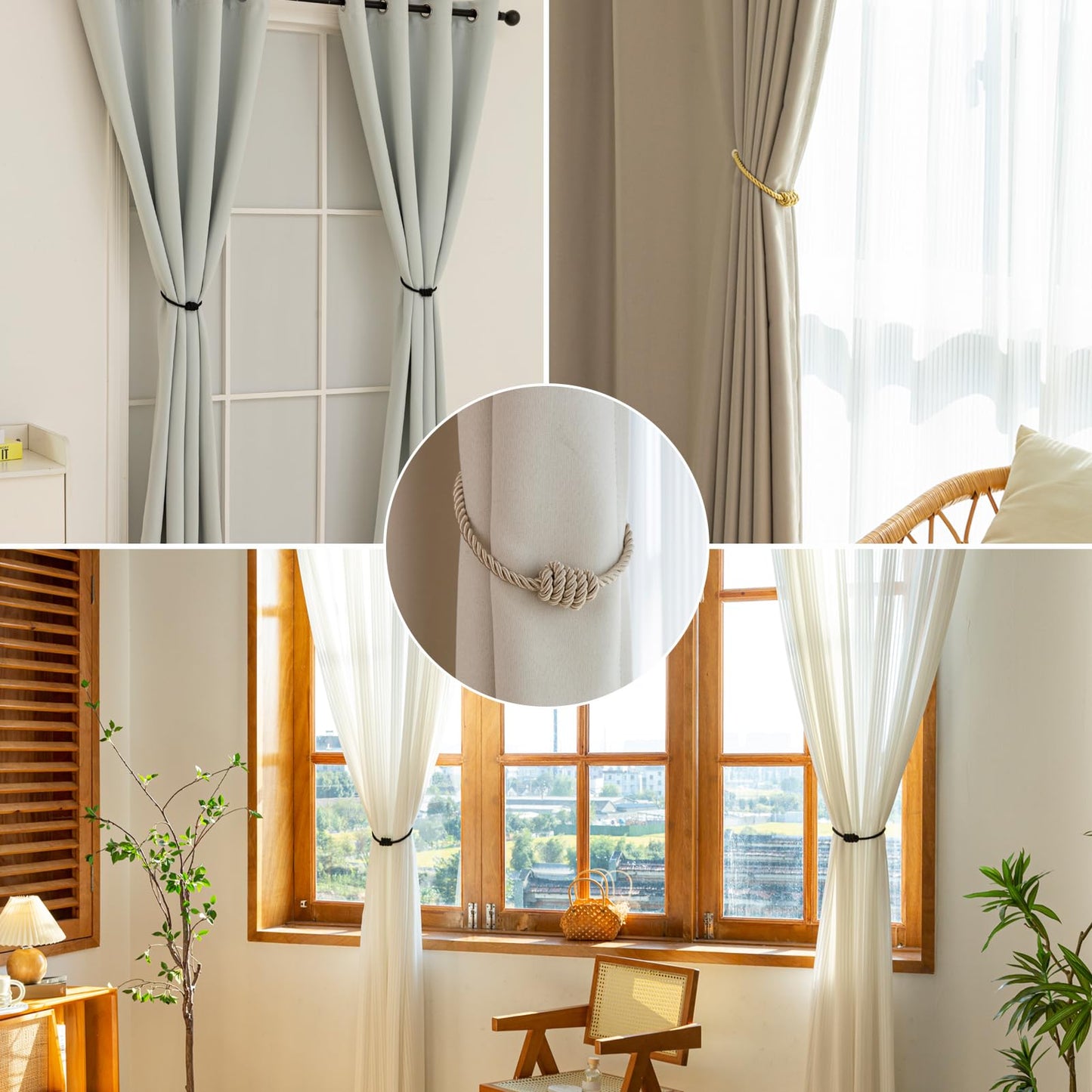 Contoeey Magnetic Curtain Tiebacks - Decorative Tie Backs for Drapes, 8 Pack Rope Holders, Beige