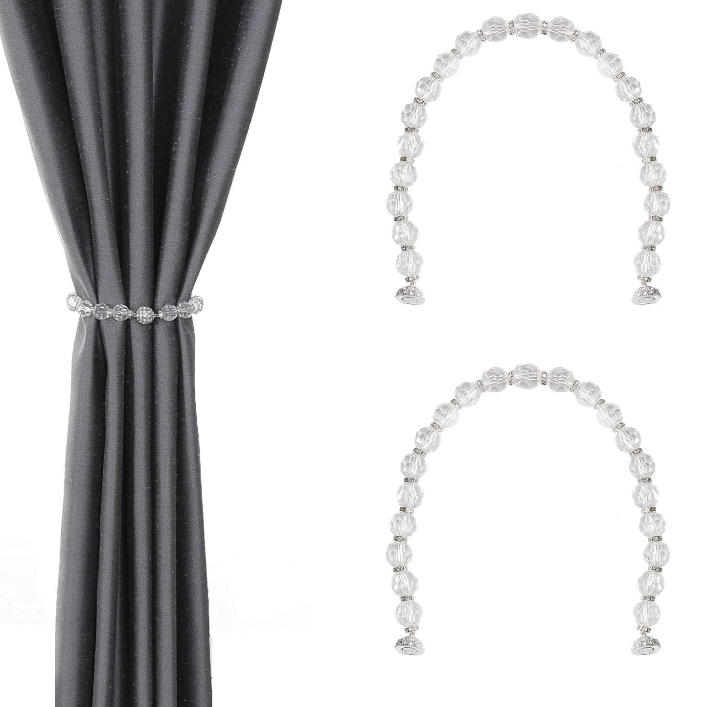 Central Park 2 Pack Curtain Tiebacks Crystal Bead Magnetic 13 Inches Long Durable Tie Backs Drapery Holdbacks Holder for Window Curtain Panels, Drapes, Home Decor, Clear