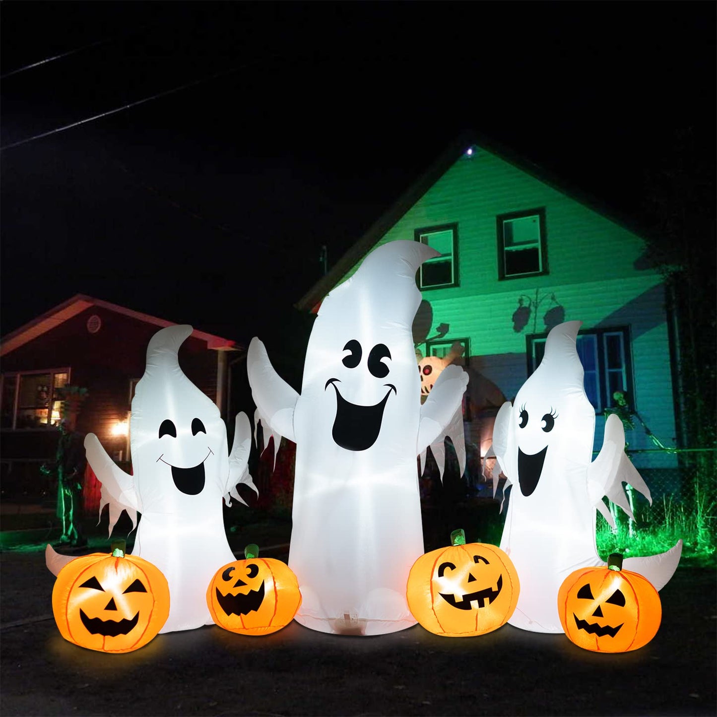 inslife 7FT Length Halloween Inflatable Ghosts and Pumpkins, 3 Ghosts Inflatables with Led Lights for Home Yard Lawn Indoor Halloween Outdoor Decoration