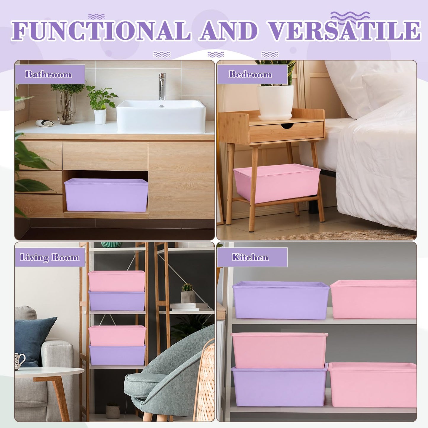 Menkxi 6 Pcs Large Plastic Storage Bins with Lids 14.4 x 10.4 x 5.1 Inch Stackable Storage Containers Decorative Cubby Organizer for Clothes Shelves Garage Closet Office (Pink, Purple)