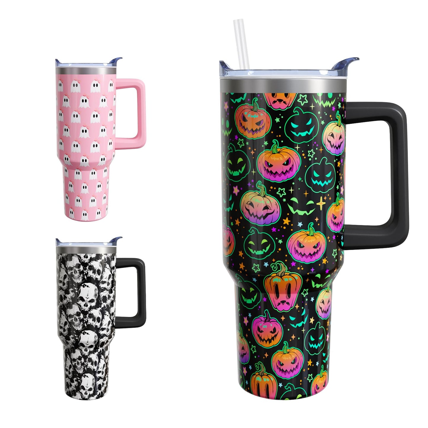 Sabobo Pumpkin Halloween Gifts for Women Men, Horror Pumpkin Face Stainless Steel Insulated Travel Coffee Cup, 40 Oz Tumbler with Handle and Straw, Holiday Birthday Water Bottle (1 PC)