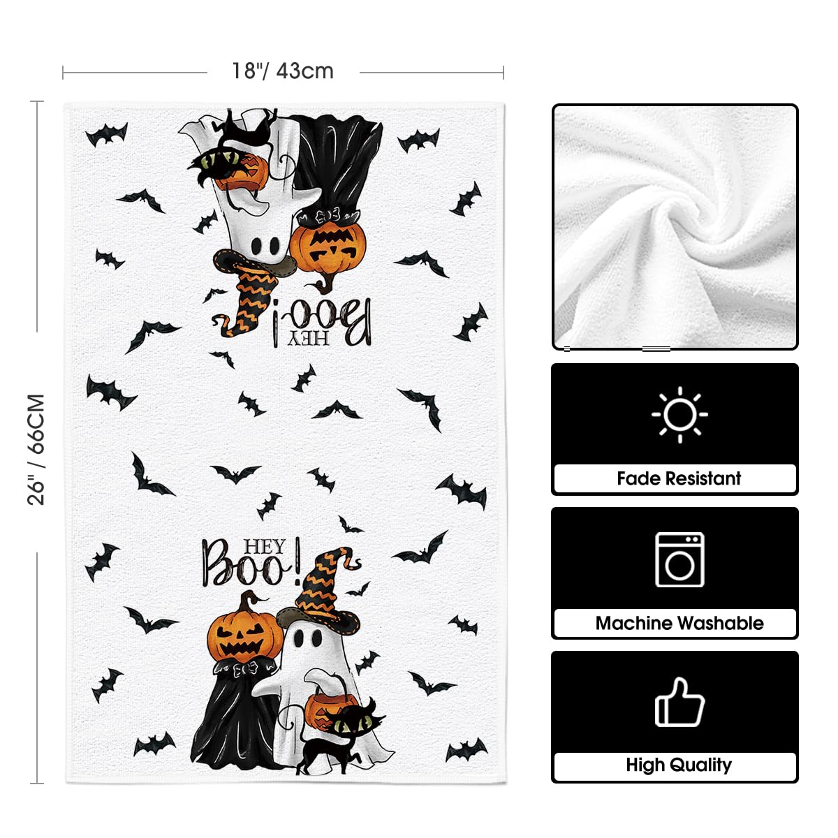 Artoid Mode Ghost Pumpkins Bats Cat Hey Boo Halloween Kitchen Towels Dish Towels, 18x26 Inch Jack-O'-Lantern Decoration Hand Towels Set of 4