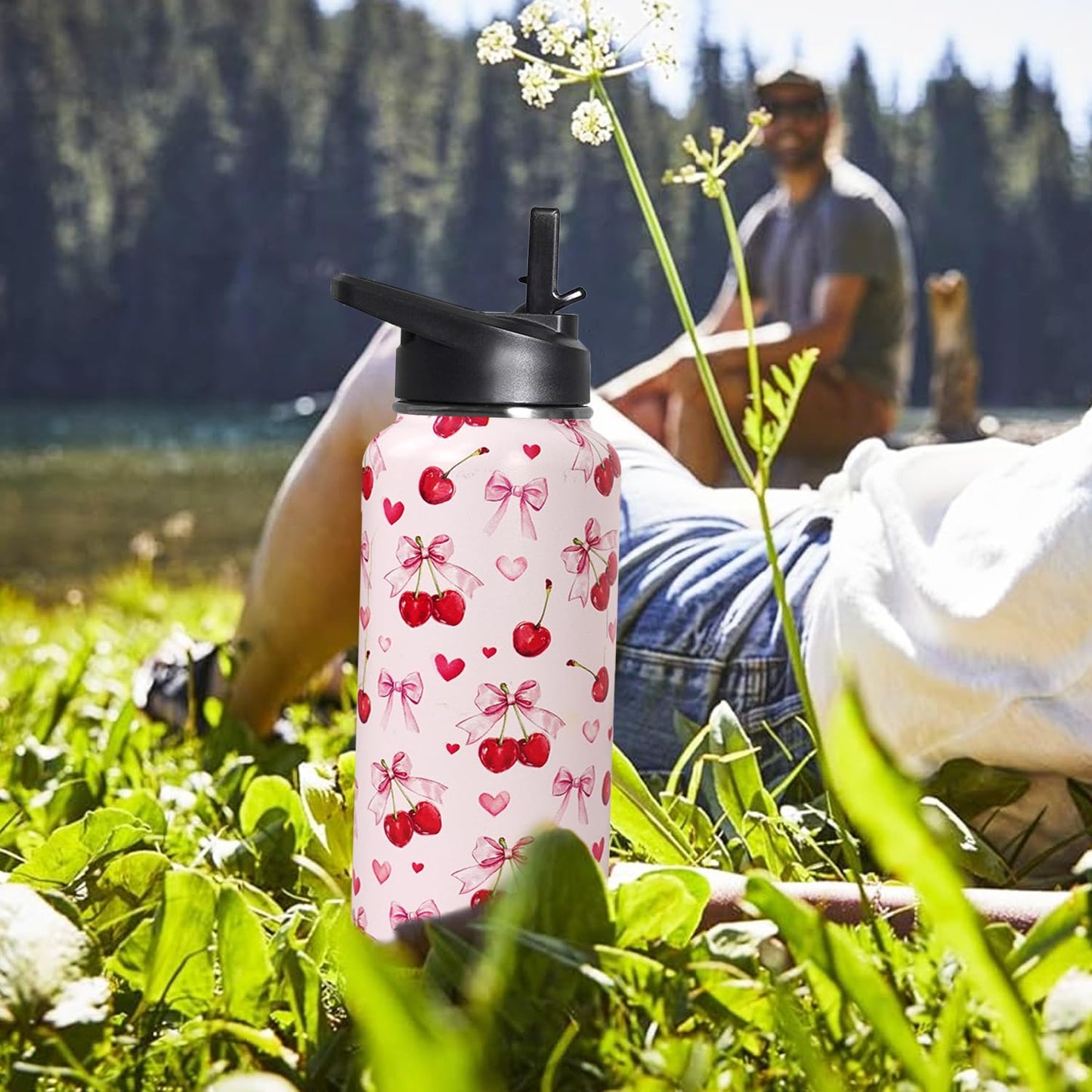 32oz Pink Cherry Insulated Aater Water Bottle with Straw Gym Hiking Sports Coffee Mug Cup Water Bottles,Cherry Gifts for Wome Decor Stuff Accessories