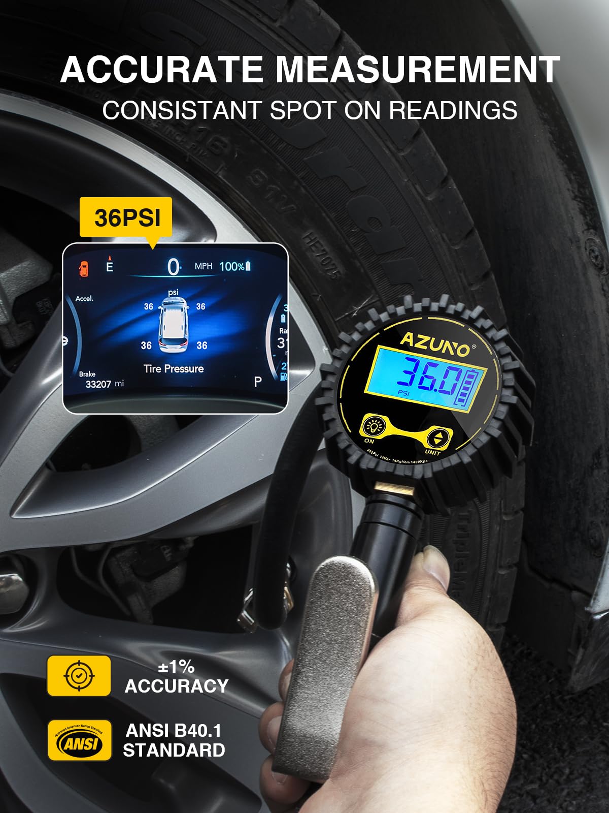 AZUNO Digital Tire Inflator with Pressure Gauge, 200 PSI, Heavy Duty Air Compressor Accessories, w/Rubber Hose Lock on Air Chuck and Quick Connect Coupler
