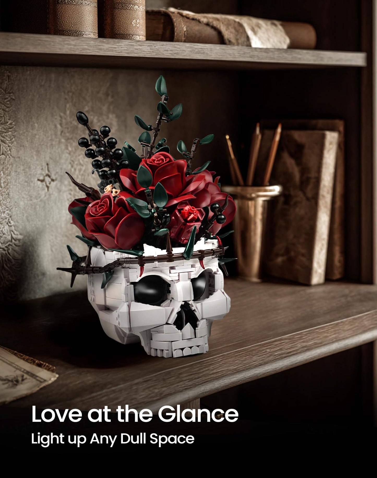 iATOM Skull Roses Flower Bouquet Building Set, Botanical Collection Kit for Adult Women, Birthday Gifts for Mothers Day for Her/Girlfriend/Mom/Wife/Couple, Goth Horror Skeleton Pot Home Table Decor