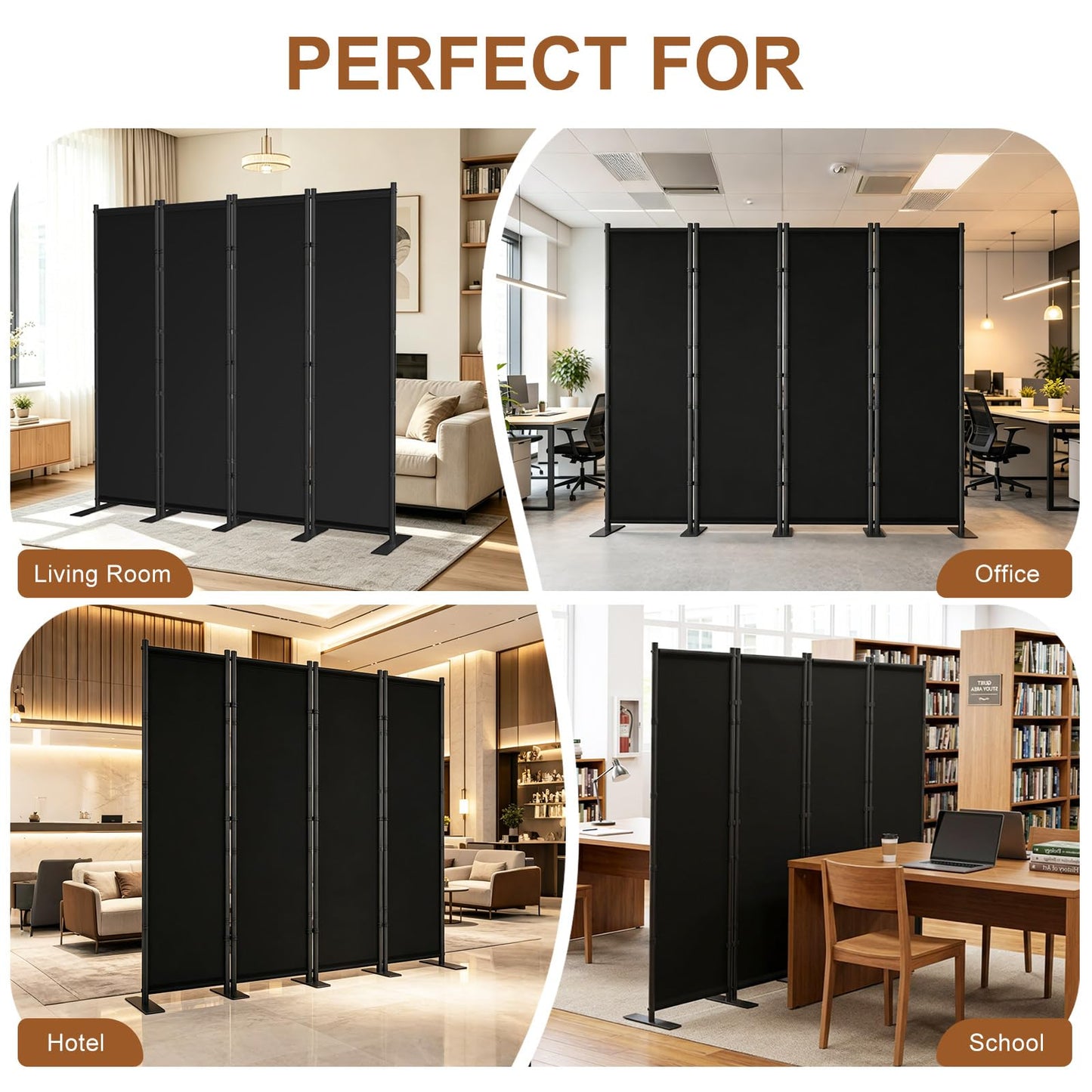 4 Panel Room Divider, 6FT Freestanding Folding Privacy Screen, Room Divider Panel 76.77" W X 75.6" H, Portable Partition Wall Dividers for Home Office Bedroom, Black