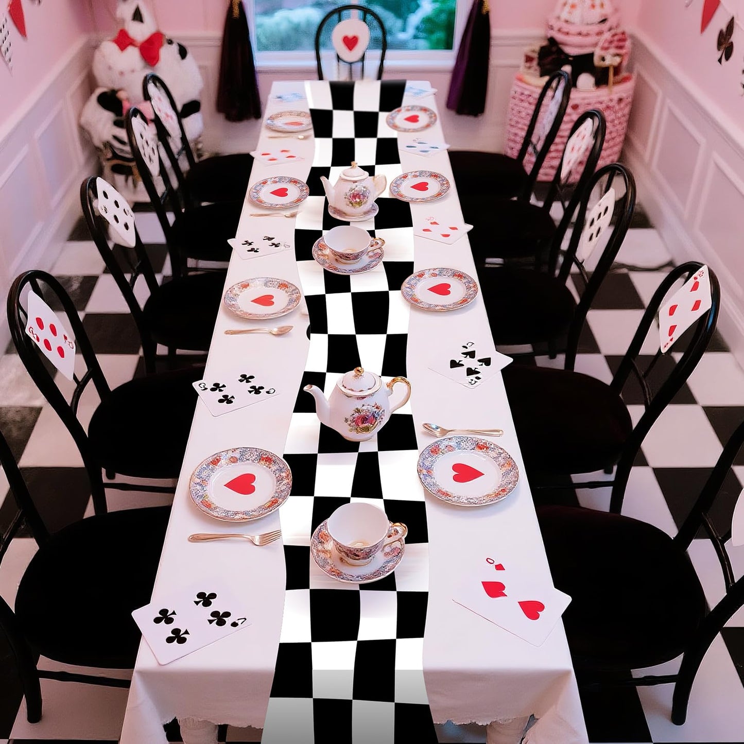 Preboun 2 Pcs Wonderland Party Table Runner Tea Party Table Decor Black and White Checkerboard Tables Runner Decoration for Wonderland Birthday Baby Shower Decorations, 12 x 72 Inches