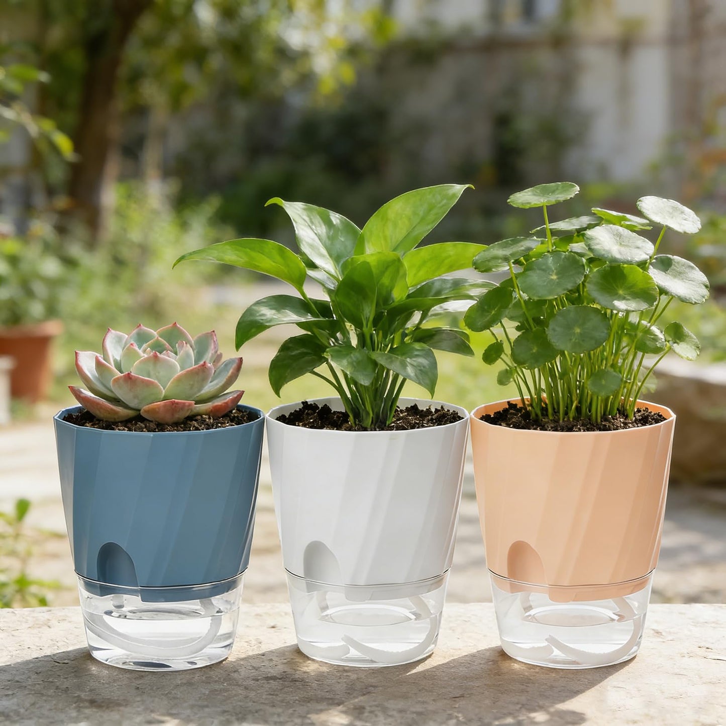 Self Watering Plant Pots 6 Inch, 3 Pack Plastic Indoor Planters with Wick Rope and Reservoir, Decorative Flower Pots for Spider Plant, Orchid, African Violet, Home Office Decor (White, Pink, Blue)