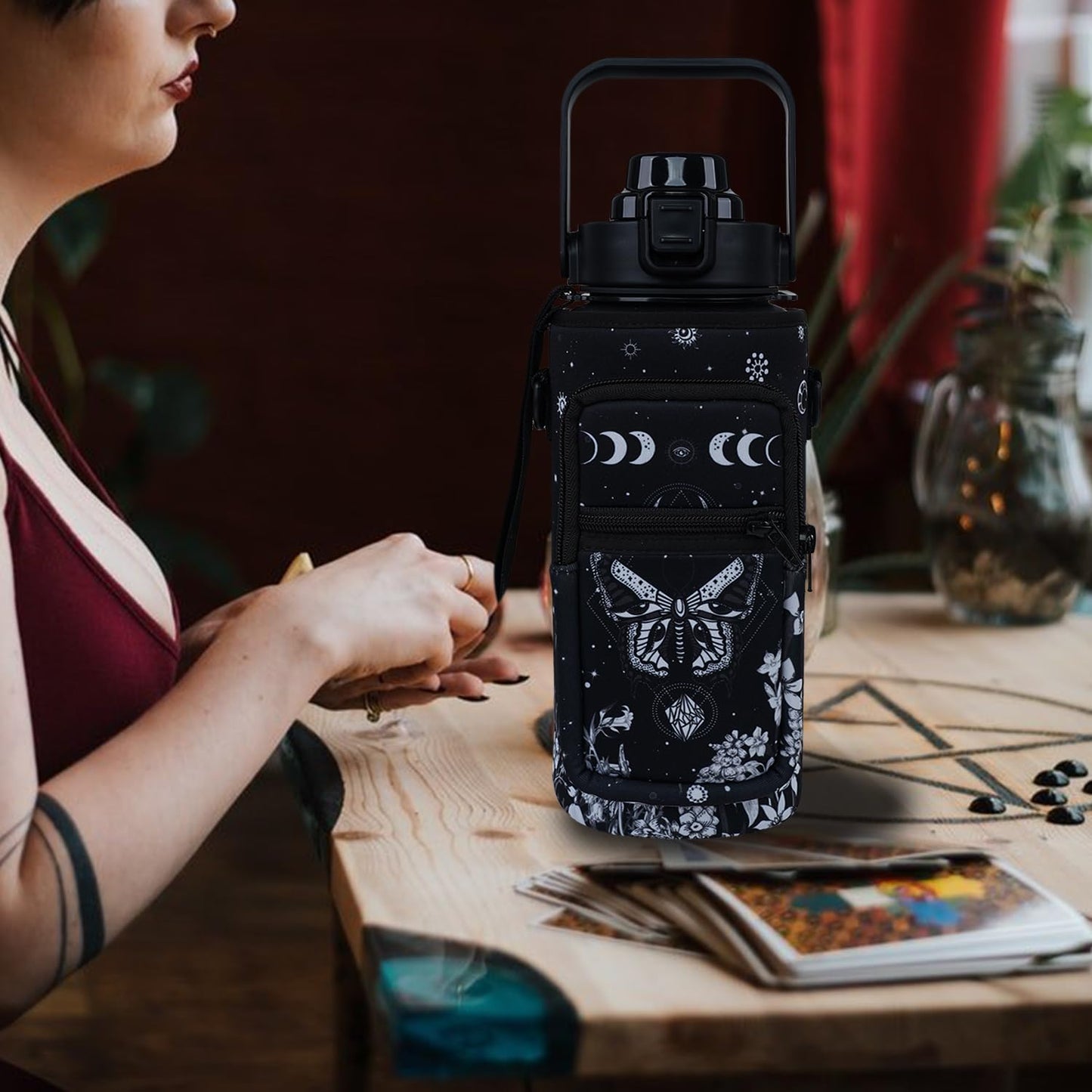 Baiheyi Goth Moon 64 oz Water Bottle with Sleeve - BPA-Free, Leakproof, Time Marker & Flip Top Lid - Motivational for Halloween Spooky Gifts for Women (Christmas, Birthday)