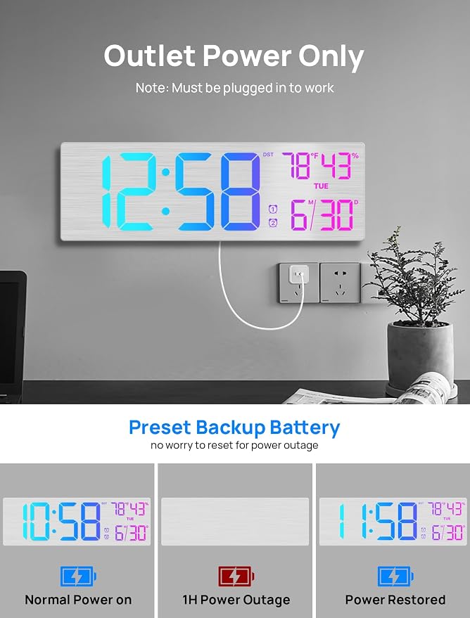 18.5" Large Digital Wall Clock with Remote Control, Big LED Display Digital Clocks with Night Light, Alarm, DST, Temp, Date for Living Room, Bedroom, Office, Classroom, Gifts for Seniors(Silver)