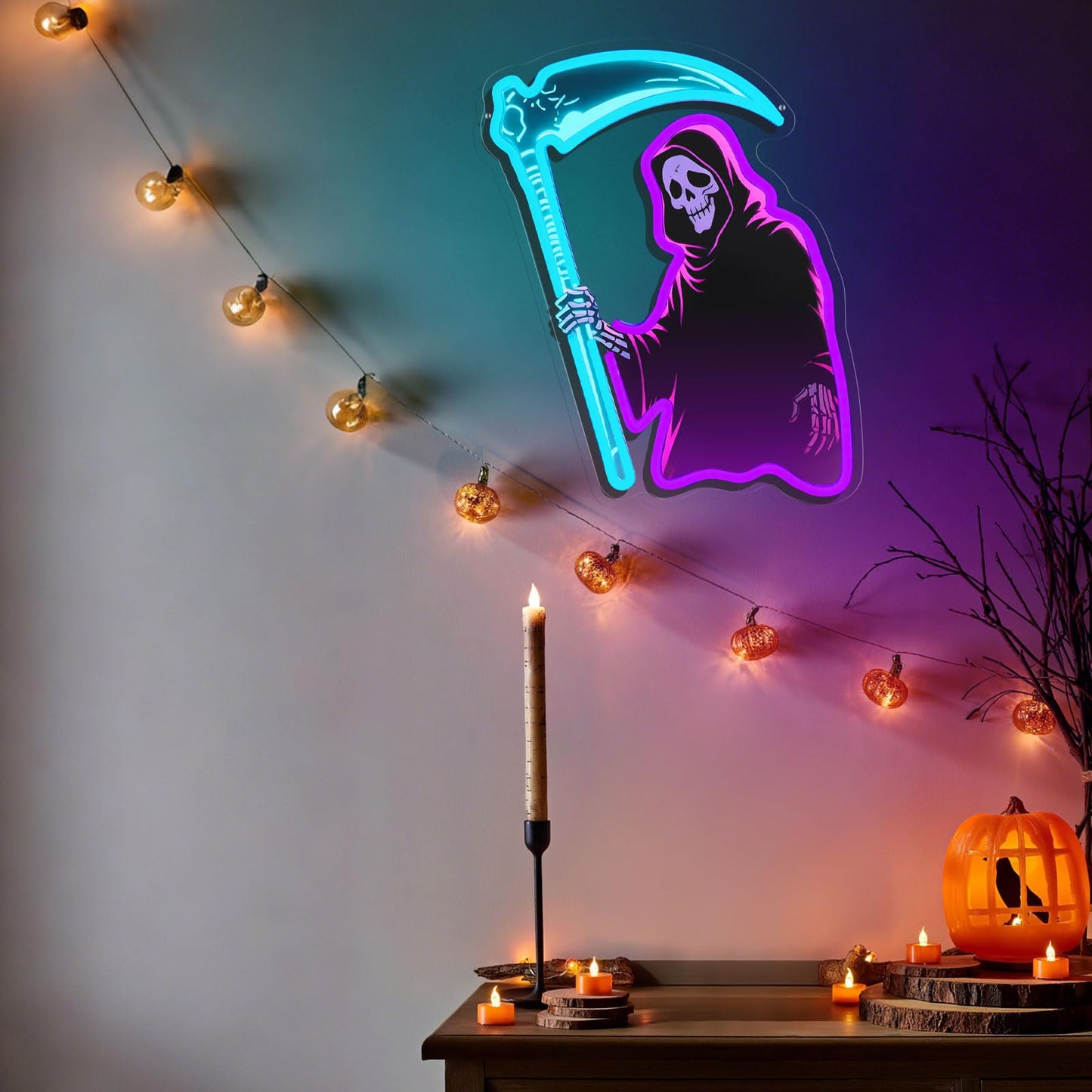 Grim Reaper Neon Sign with Scythe, Dimmable LED Skeleton Neon Light for Wall Decor, Gothic Room, Man Cave, Bar, Game Room Decor Gifts