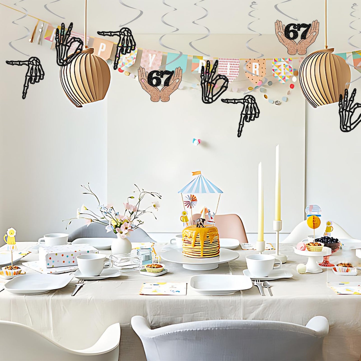 24pcs 6 7 Skeleton Hands Hanging Swirl Decorations, Funny Six Seven Ceiling Whirl Streamer Hanging Banner, 6 7 with Hands Hanging Swirls for Birthday/Anniversary Party Decoration
