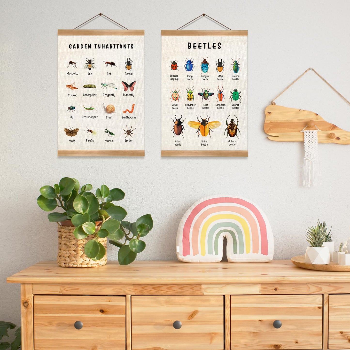 ZTGDA Insect Posters Garden Inhabitants&Beetles Linen Canvas Wall Art with Wooden Frame, Montessori Nature Posters for Classroom Playroom or Homeschool Decor(Set of 2 Insect)