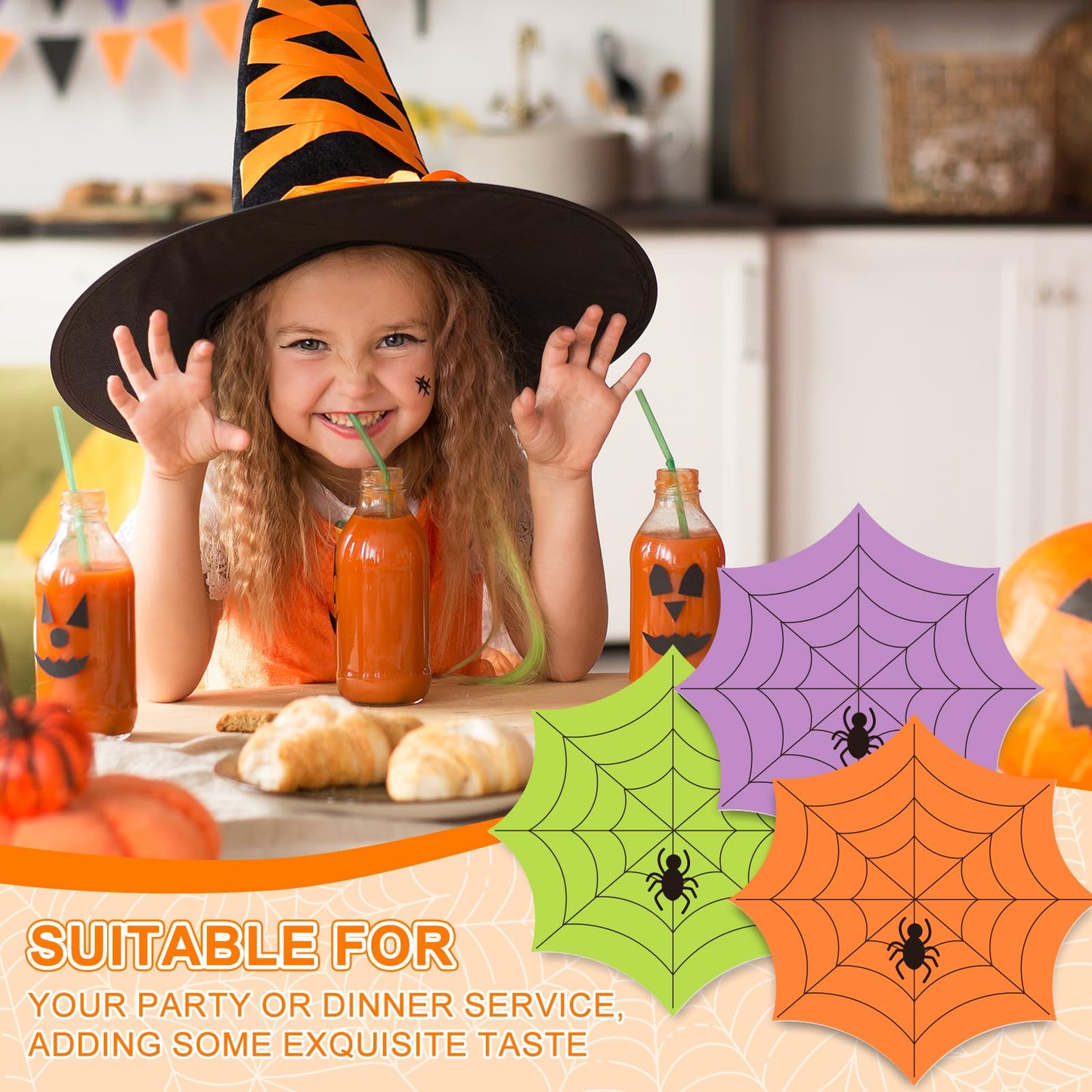 Whaline 48 Pack Halloween Paper Place Mats 13 Inch Spiderweb Disposable Placemats Green Orange Purple Spider Web Paper Table Mats for Kitchen Dinner Table Setting