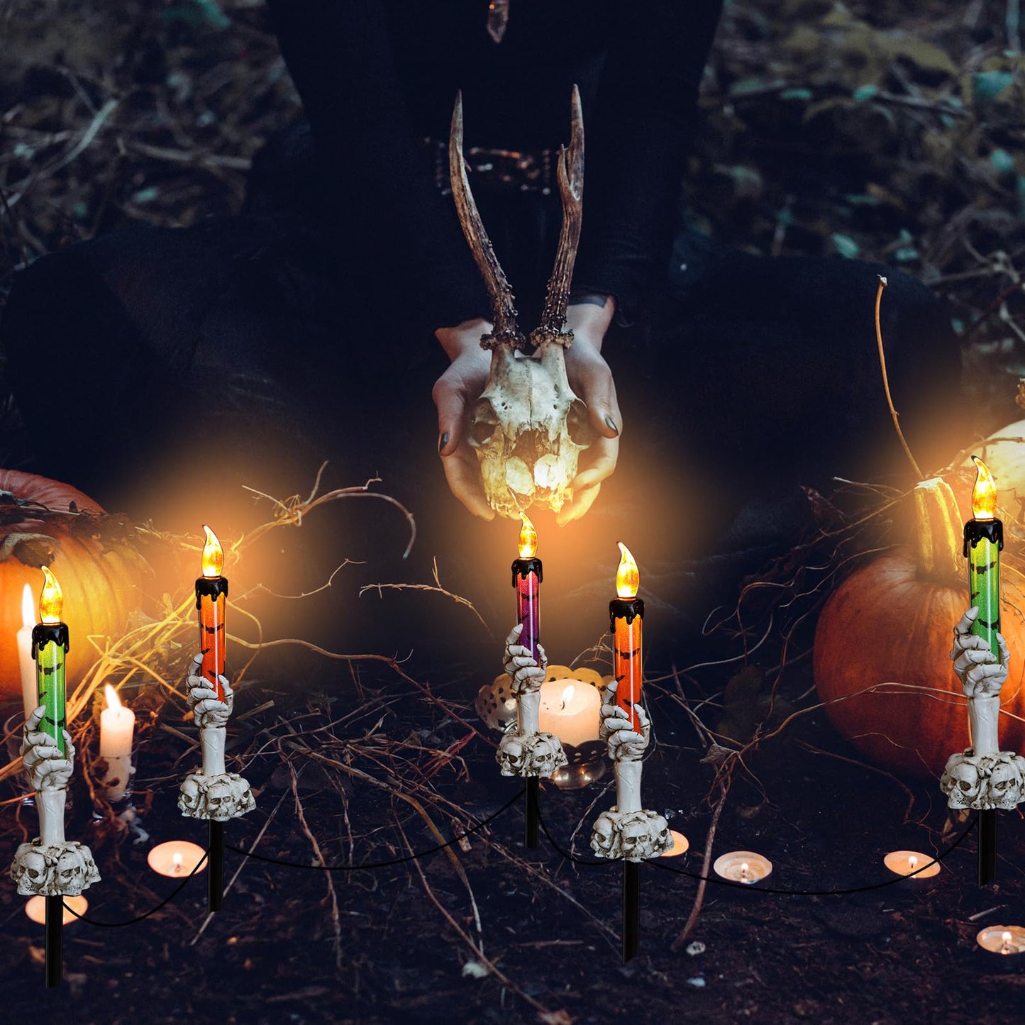 YBB 5 Pack Skeleton Stake Pathway Lights, Ghost Hands Skull Candle Battery Operated Stake Lights for Halloween Outdoor Garden Lawn Yard Landscape Decoration